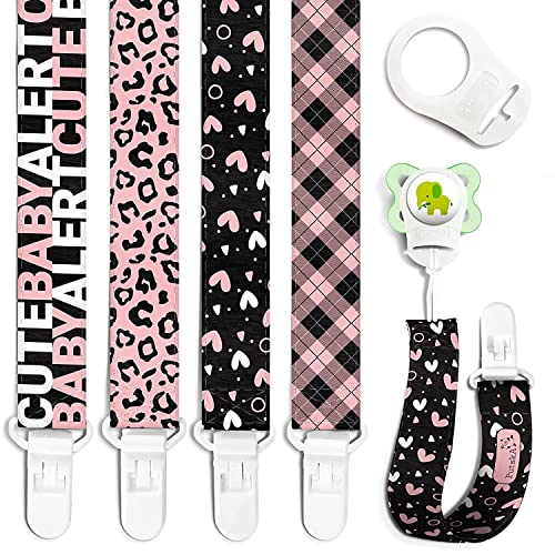 PUTSKA - Juego de 4 clips para chupete para niña Clip Binky se adapta a todos los chupetes y chupetes. Clips para chupete de bebé
