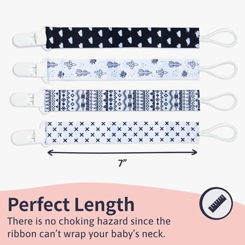 Clips para chupete – 4 unidades diseño único moderno de género neutro en blanco y negro. Clip para chupetes y chupetes. Hecho de poliéster de calidad y no tóxico, para baby shower.