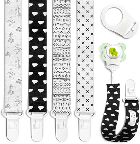 Clips para chupete – 4 unidades diseño único moderno de género neutro en blanco y negro. Clip para chupetes y chupetes. Hecho de poliéster de calidad y no tóxico, para baby shower.