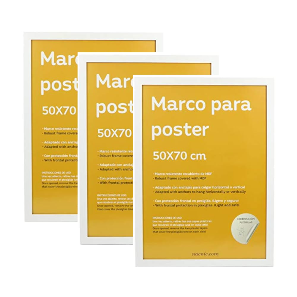 Nacnic - Pack 3 Marcos - Madera Mdf Blanco y Vidrio Acrílico - 50x70 Cm Extra Grande - Fotografía, Láminas, Decoración Mural para Salón y Dormitorio