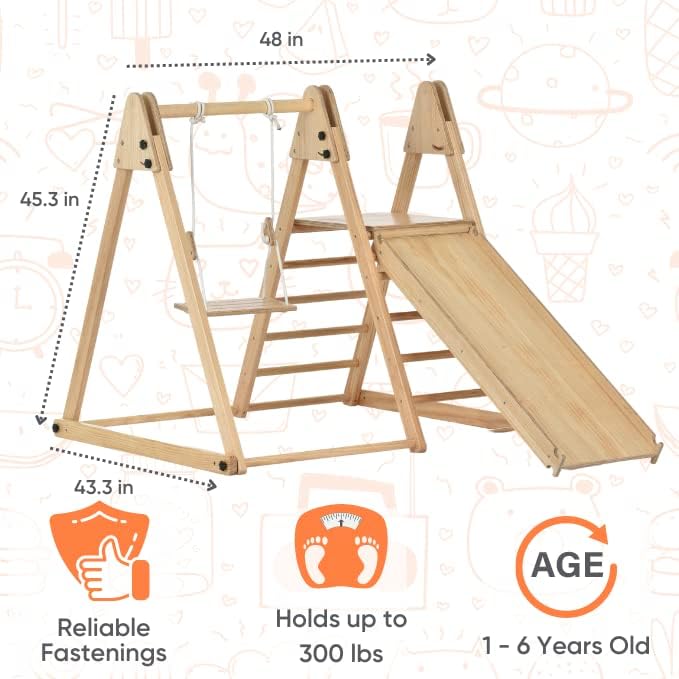 Gimnasio de juegos interior 4 en 1 Juniper de Avenlur: juego de gimnasio de jungla con columpio, tobogán, escalera y pared de escalada para bebés, juego de madera plegable, gimnasio de jungla interior para niños de 18 meses a 6 años