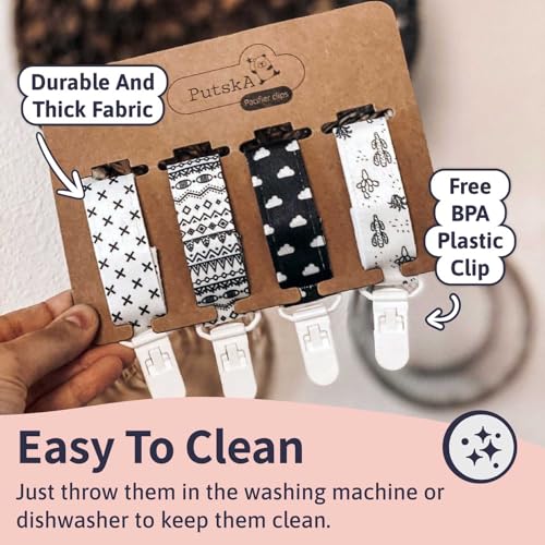 Clips para chupete – 4 unidades diseño único moderno de género neutro en blanco y negro. Clip para chupetes y chupetes. Hecho de poliéster de calidad y no tóxico, para baby shower.