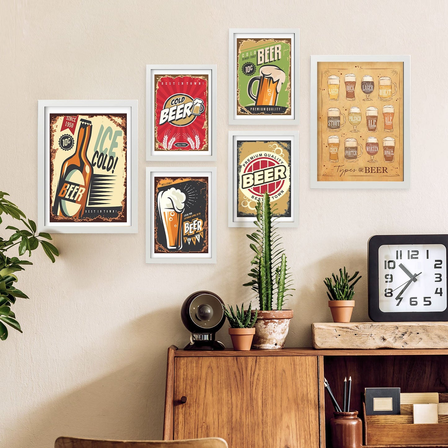 Set de 6 láminas vintage de cerveza con carteles publicitarios retro en colores vivos para decorar bar, cocina o restaurante moderno – 2 grandes y 4 medianos