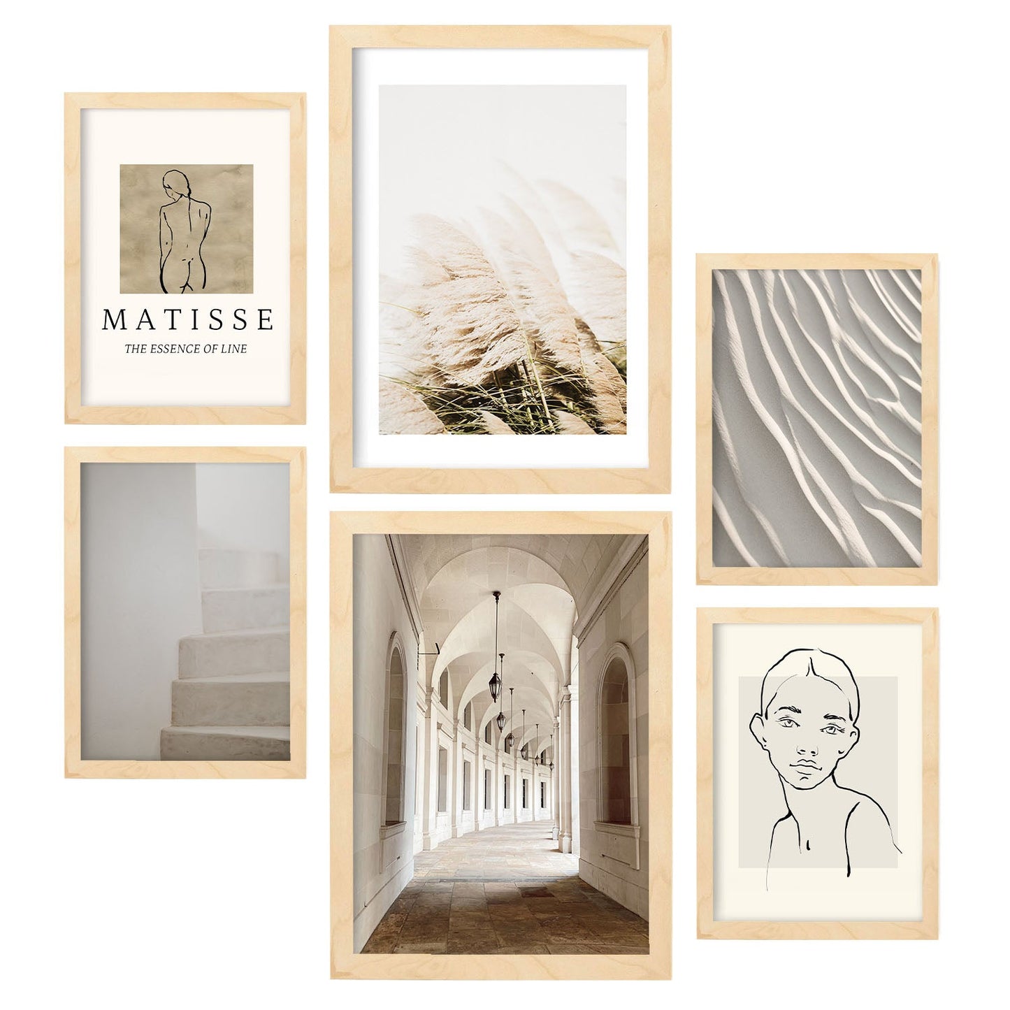 - 6 Láminas Fotografía Dibujo Matisse - Cuadros Decorativos Ilustración Arte Lineal - Pósters para enmarcar Salón Comedor - A3 y A4 -Artwork-Nacnic-Marco Madera clara-Nacnic Estudio SL