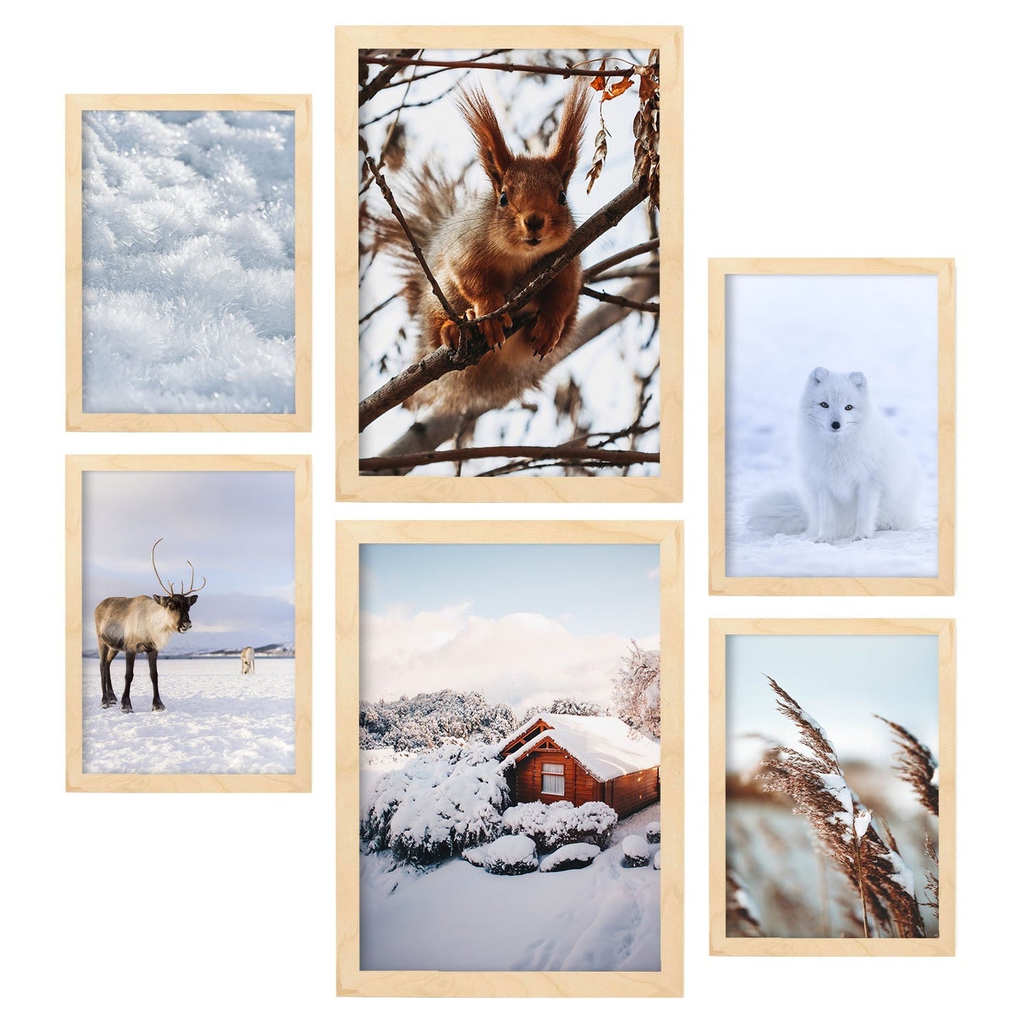 - 6 Pósters Fotografía Animales y Nieve - Láminas Decorativas Modernas para Pared del Hogar, Habitación, Collage, Mural - A3 y A4 -Artwork-Nacnic-Marco Madera clara-Nacnic Estudio SL