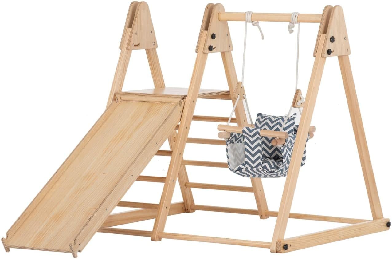 Gimnasio de juegos interior 4 en 1 Juniper de Avenlur: juego de gimnasio de jungla con columpio, tobogán, escalera y pared de escalada para bebés, juego de madera plegable, gimnasio de jungla interior para niños de 18 meses a 6 años