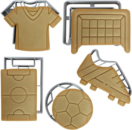 Moose Goods Juego de 5 cortadores de galletas de fútbol, cortadores de galletas de fútbol con formas y sellos, cortador de galletas de jersey deportivo para suministros de horneado, kit de cortador de galletas de fútbol con camisa