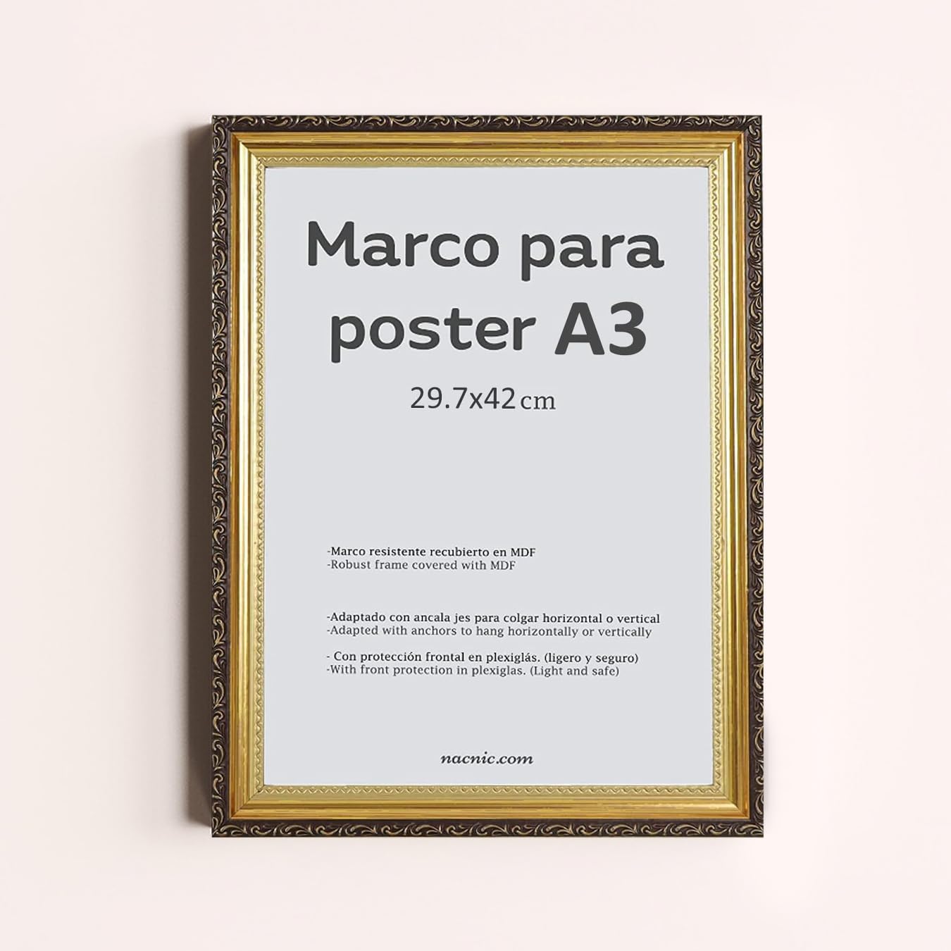 Nacnic - Packung mit 4 goldenen MDF-Rahmen und Acrylglas | Schutz und Präsentationsständer für Fotos, Plakate, Poster, Bilder und Dekorationen für Wohnzimmer, Schlafzimmer oder Büro | A3 (29,7 x 42cm)
