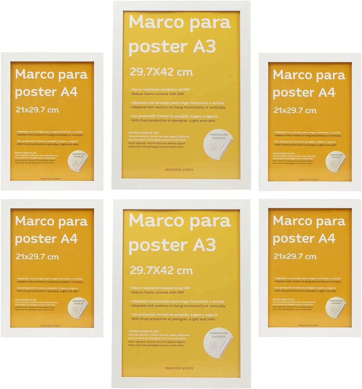 Nacnic - Set 6 Marcos - Madera MDF Blanca y Plexiglás - 2 Marcos A3 y 4 Marcos A4 - Fotografía, Láminas, Decoración de Pared para Salón, Dormitorio y Oficina