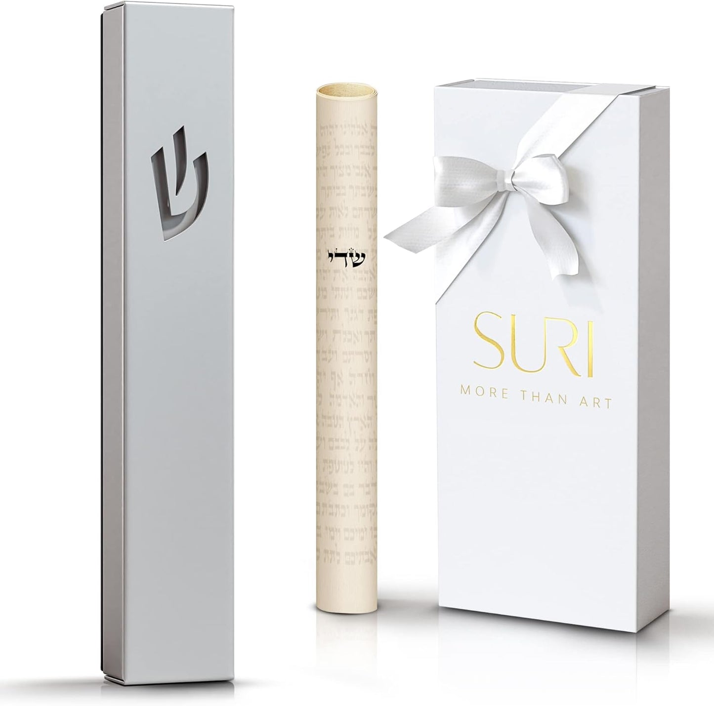SURI Classic Mezuzah - Estuche autoadhesivo Nirosta plateado de 5 pulgadas con pergamino no kosher | Mezuzá judía moderna para interiores y exteriores, caja de regalo de Judaica incluida