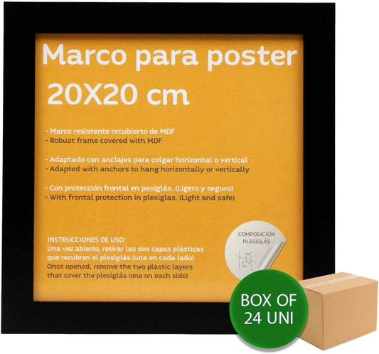Nacnic - Pack 24 Marcos de Madera MDF Negro y Vidrio Acrílico | Protección y Expositor de Fotografías, Láminas, Pósters, Cuadros y Decoración para Salón, Dormitorio u Oficina | 20x20 cm