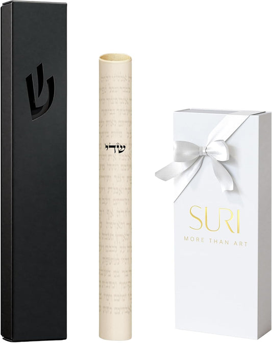 SURI Mezuzah clásica para puerta, funda autoadhesiva de Nirosta negra de 5 pulgadas con pergamino no kosher | Mezuzá judía moderna para interiores y exteriores, caja de regalo de Judaica incluida