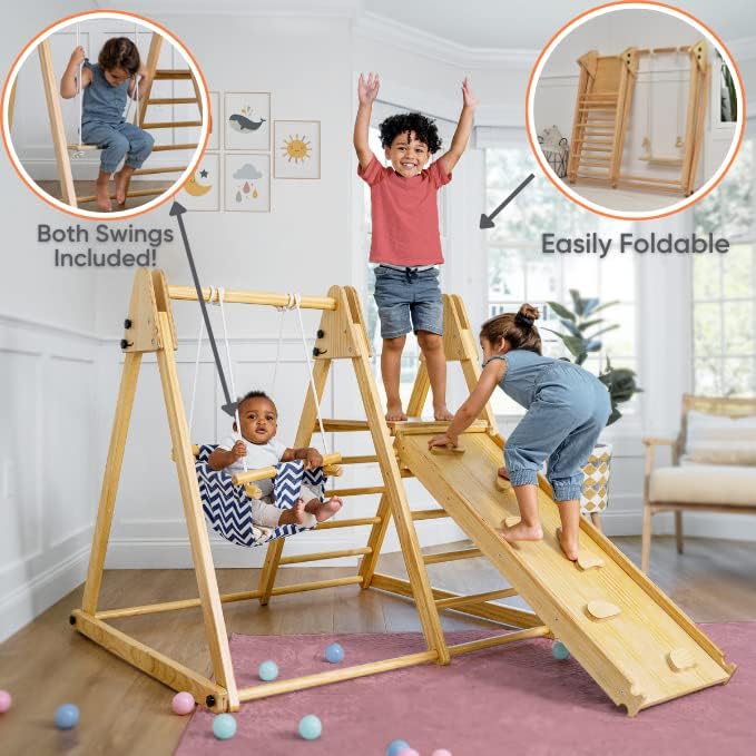 Gimnasio de juegos interior 4 en 1 Juniper de Avenlur: juego de gimnasio de jungla con columpio, tobogán, escalera y pared de escalada para bebés, juego de madera plegable, gimnasio de jungla interior para niños de 18 meses a 6 años