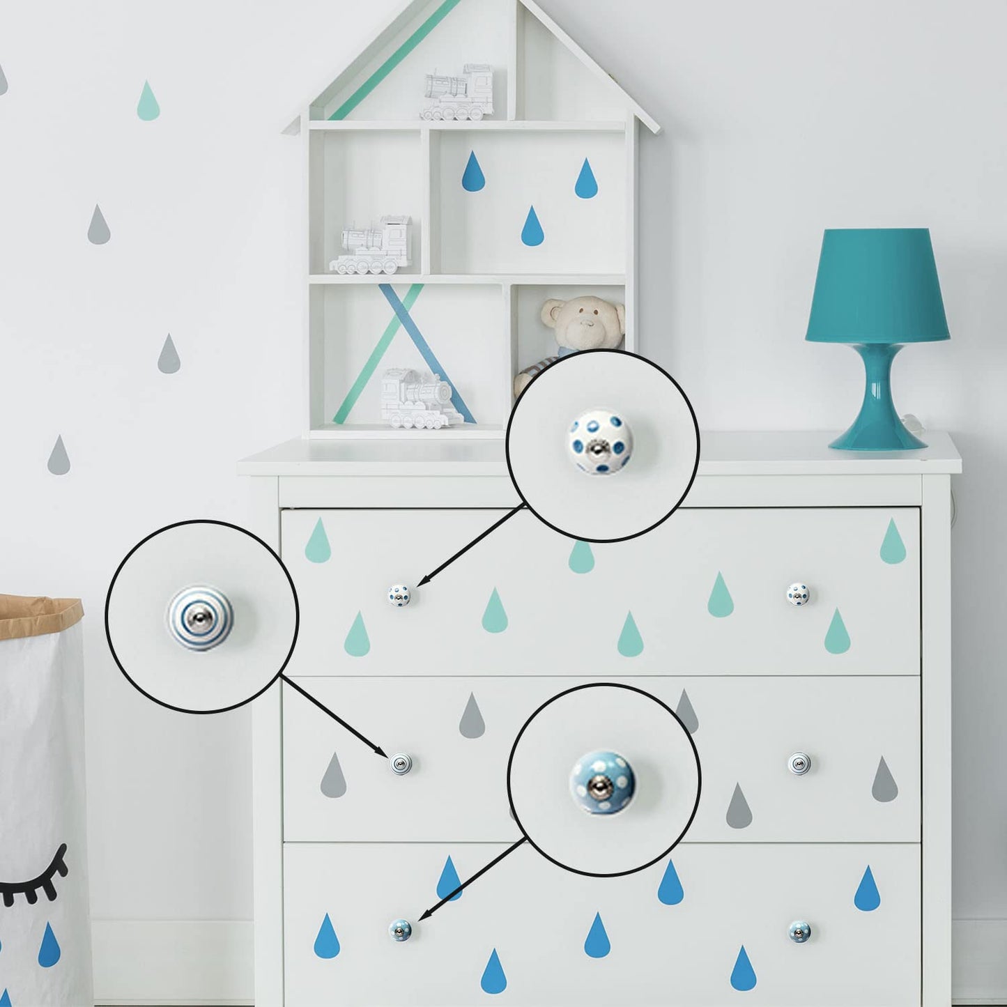 Juego de 10 pomos tiradores de cerámica | Diseño puntos y líneas en azul y blanco | Decoración de muebles y armarios para habitación infantil.-Nacnic-Nacnic Estudio SL