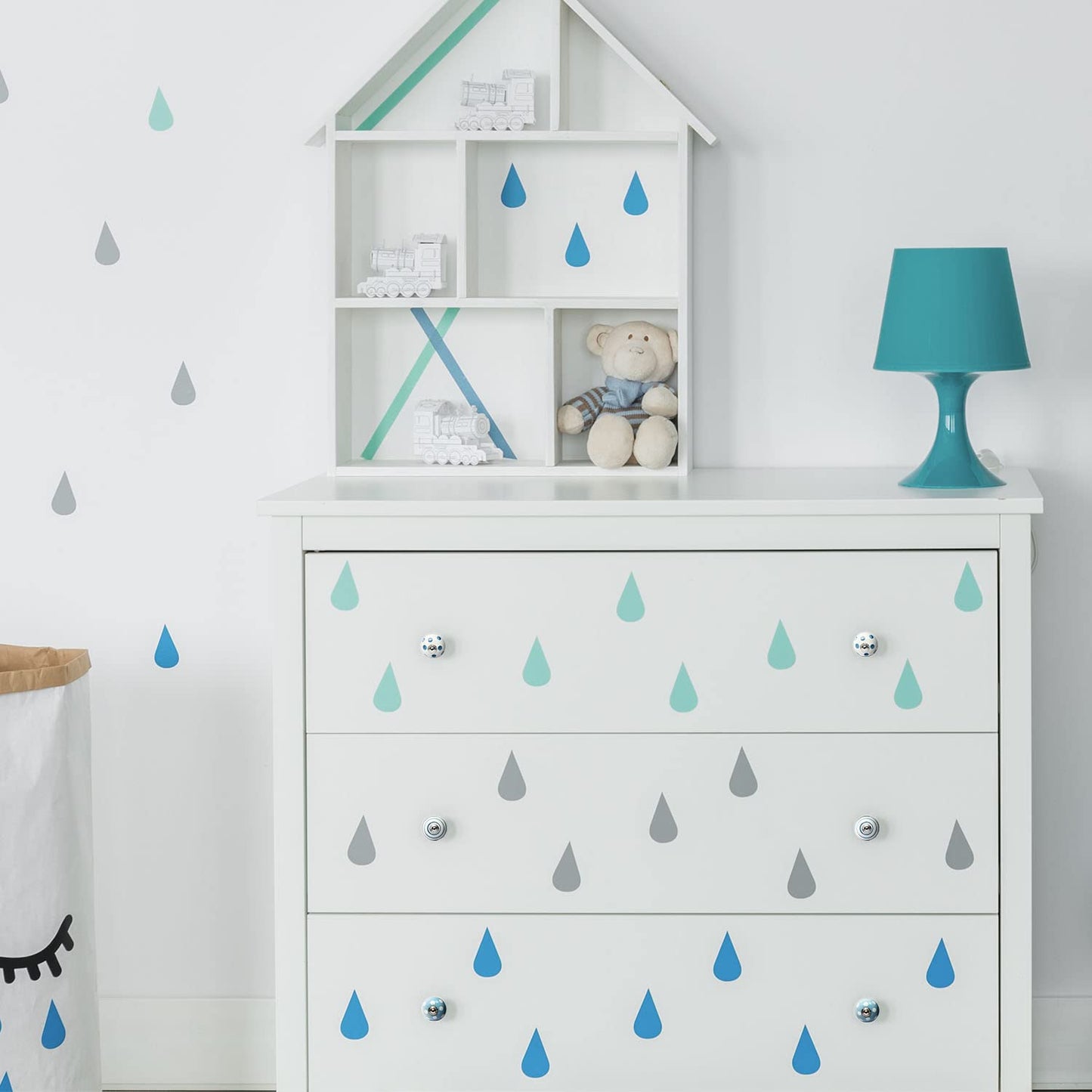 Juego de 10 pomos tiradores de cerámica | Diseño puntos y líneas en azul y blanco | Decoración de muebles y armarios para habitación infantil.-Nacnic-Nacnic Estudio SL