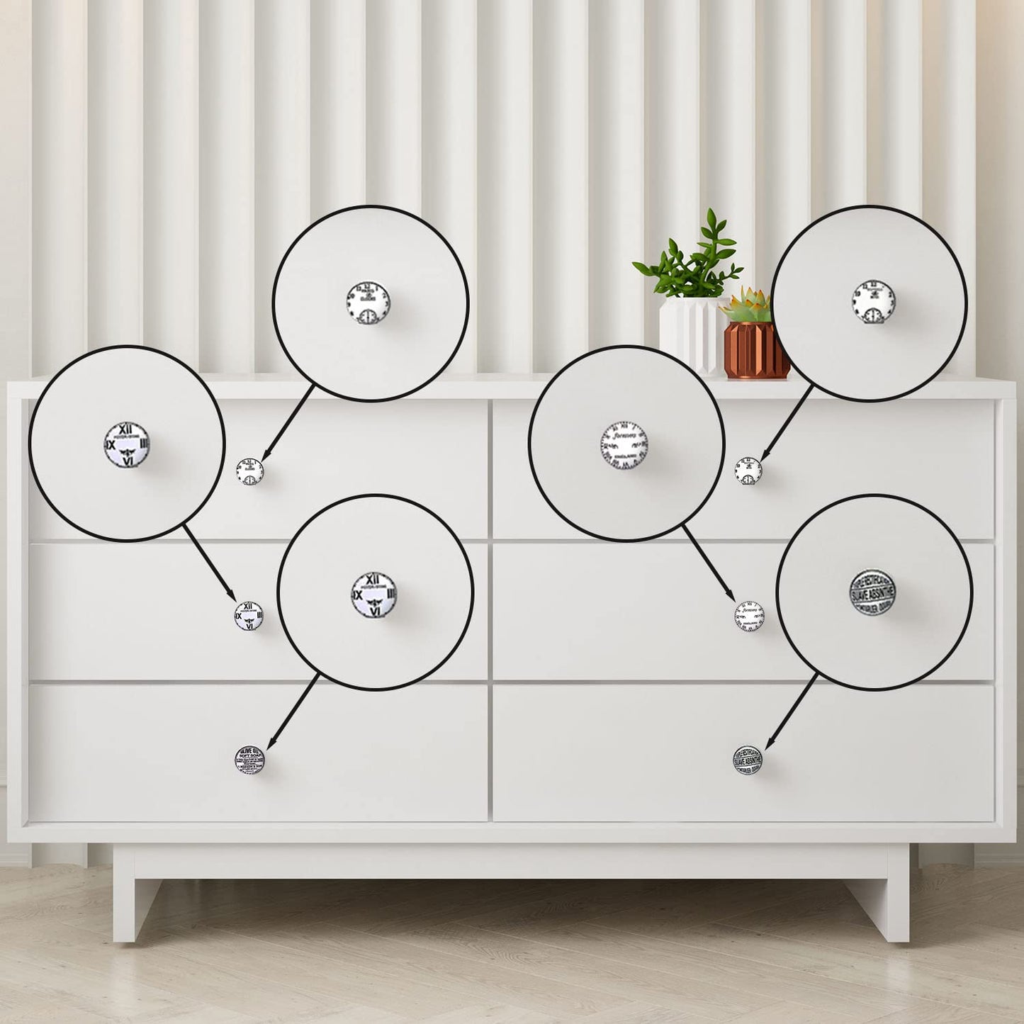 Juego de 10 pomos tiradores de cerámica | Diseño relojes en blanco y negro | Decoración muebles, armarios, cajones.-Nacnic-Nacnic Estudio SL