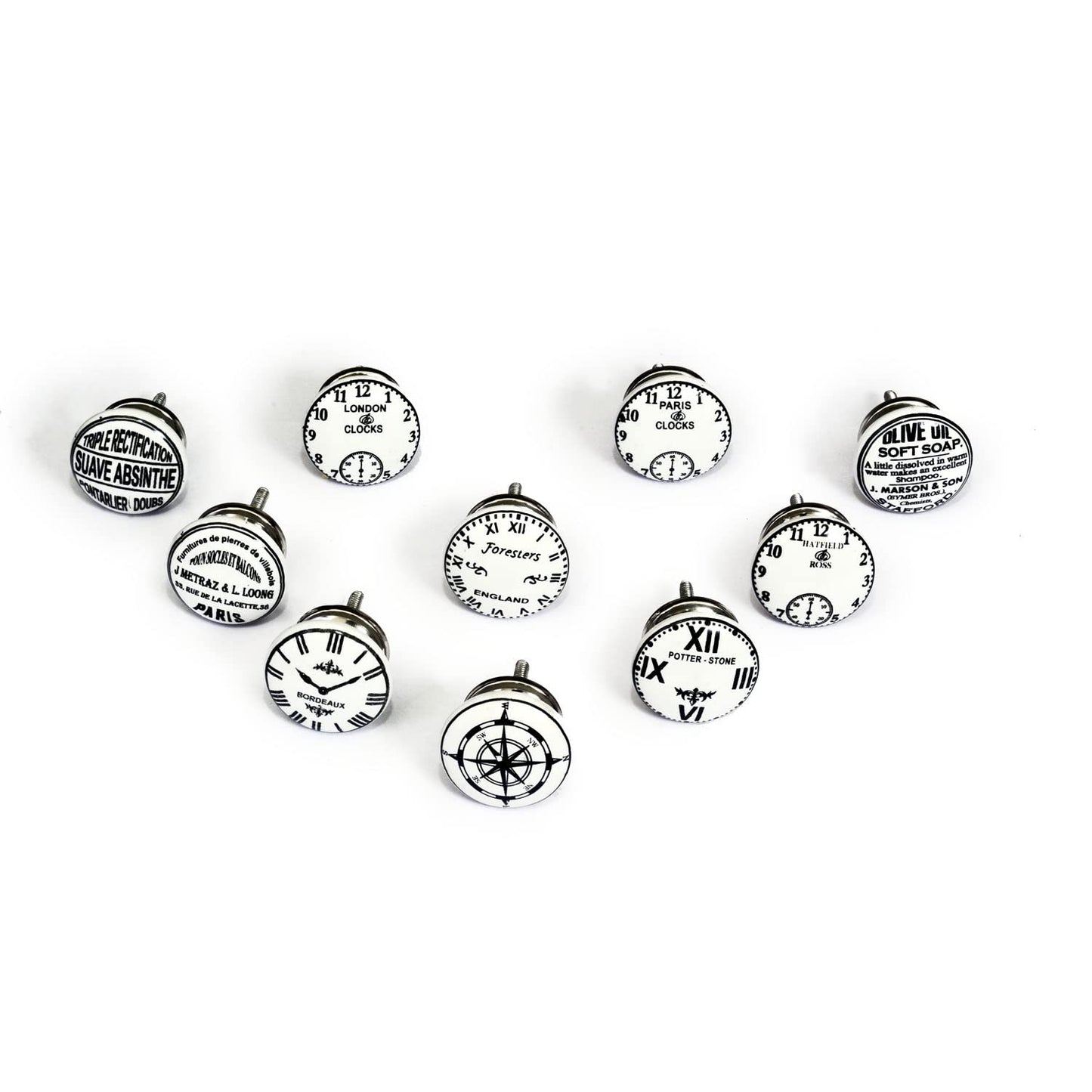 Juego de 10 pomos tiradores de cerámica | Diseño relojes en blanco y negro | Decoración muebles, armarios, cajones.-Nacnic-Nacnic Estudio SL