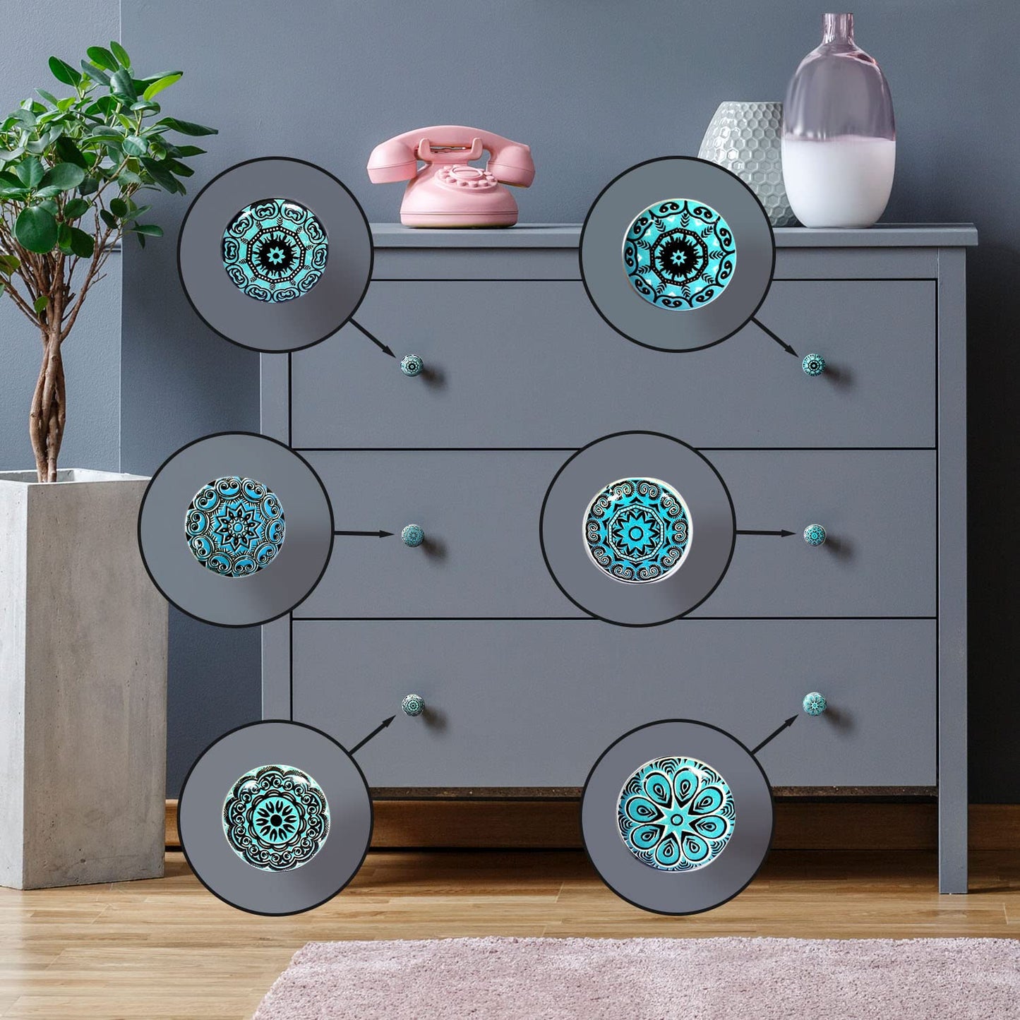 Juego de 10 pomos tiradores de cerámica | Diseños flores turquesa aguamarina | Decoración muebles, armarios, cajones.-Nacnic-Nacnic Estudio SL