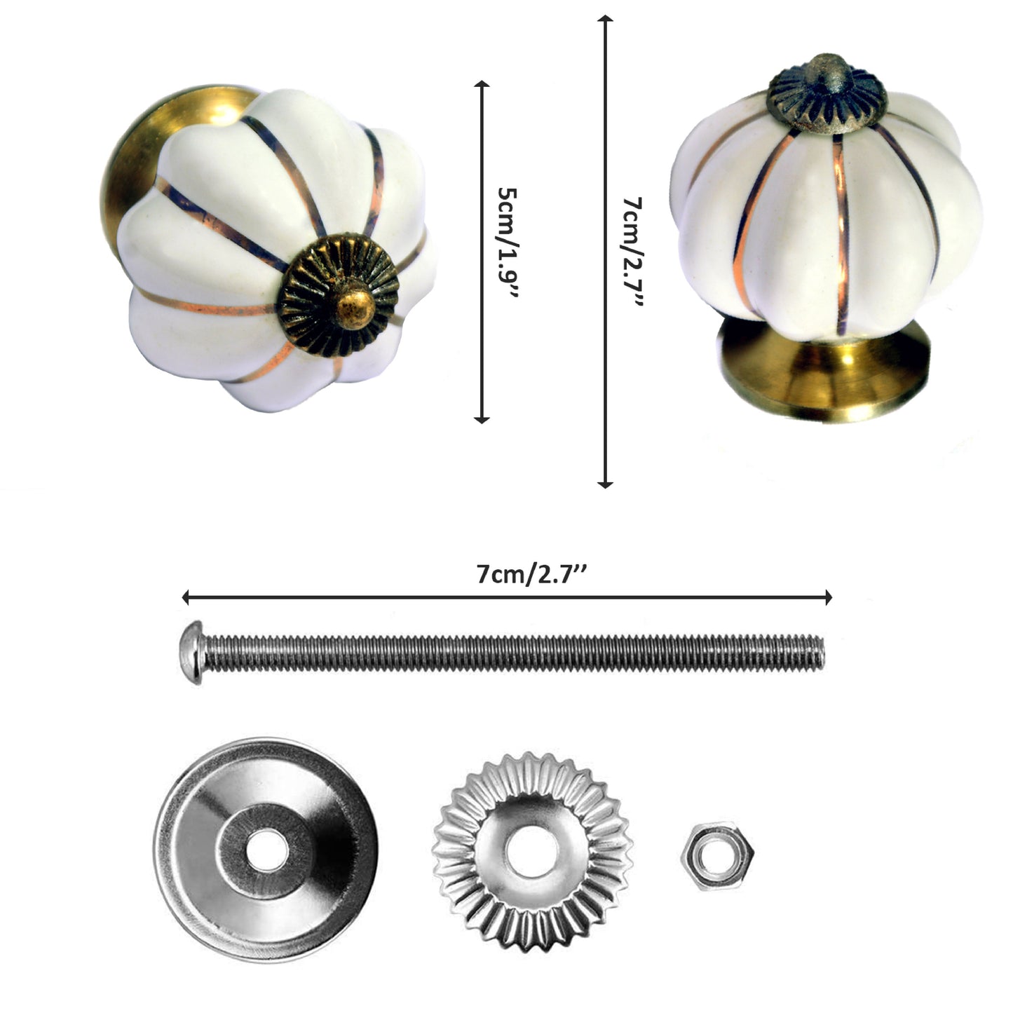 Set de 10 pomos de cerámica en blanco y dorado para muebles y armarios