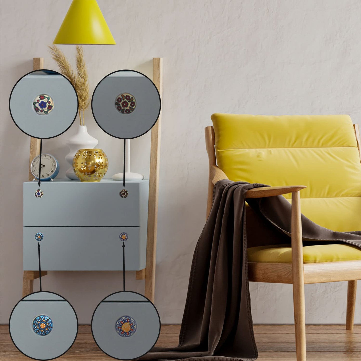 Set de 12 pomos tiradores de cerámica | Diseño flores vintage de colores | Decoración muebles, armarios, cajones.-Nacnic-Nacnic Estudio SL