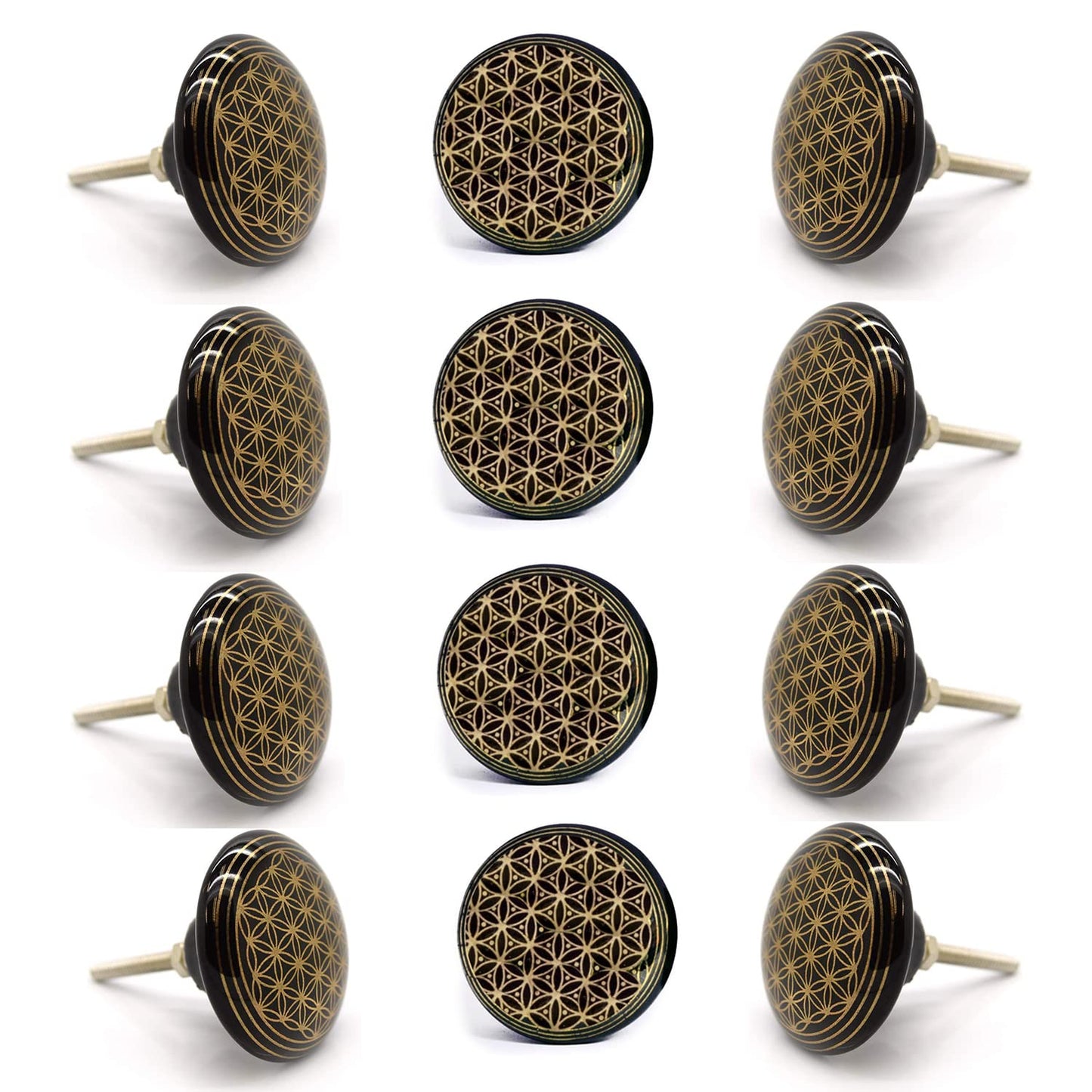 Set de 12 pomos tiradores de cerámica | Diseño geométrico en dorado y negro | Decoración elegante de muebles y armarios.-Nacnic-Nacnic Estudio SL
