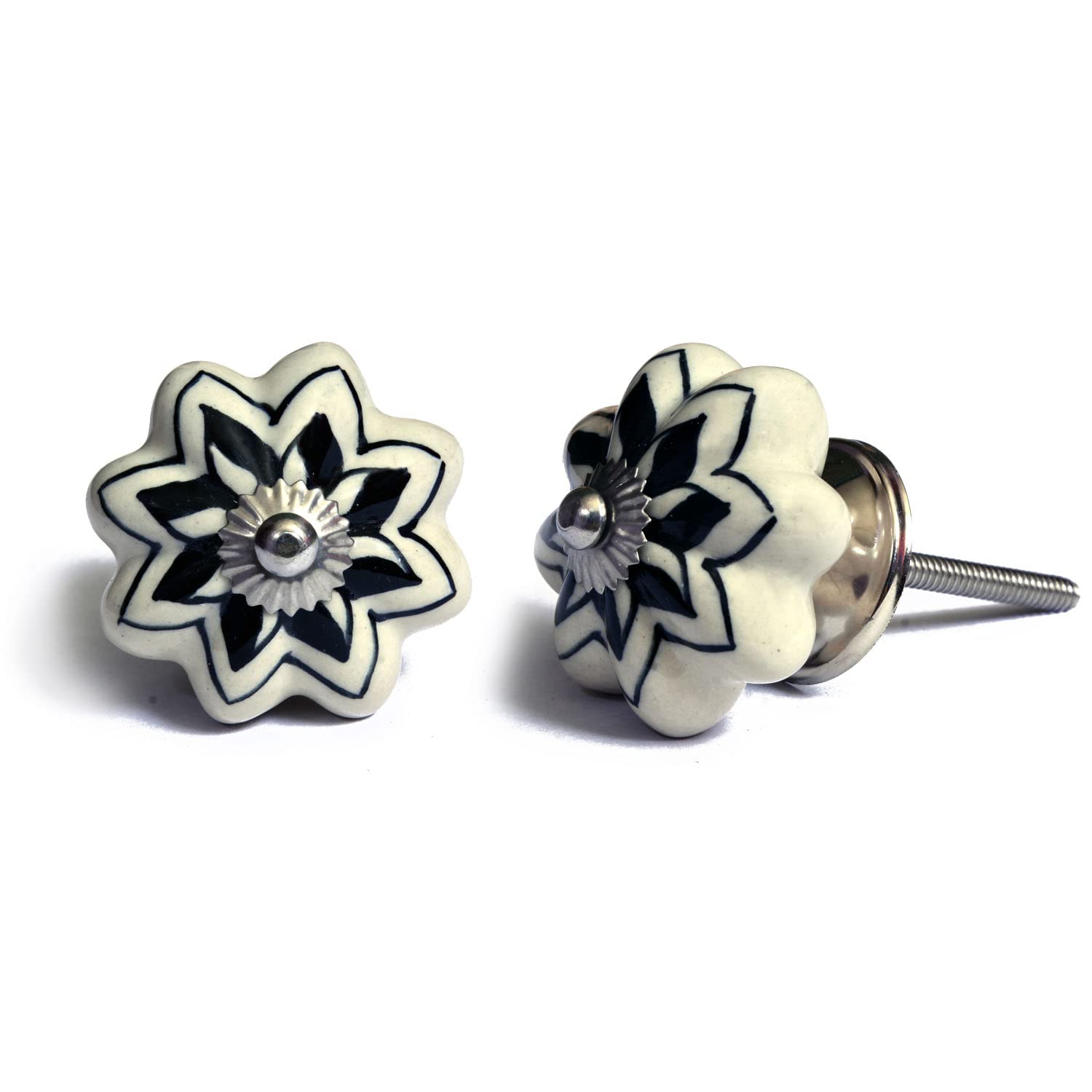 Set de 12 pomos tiradores de cerámica | Diseño flores en blanco y negro | Decoración muebles, armarios, cajones.-Nacnic-Nacnic Estudio SL