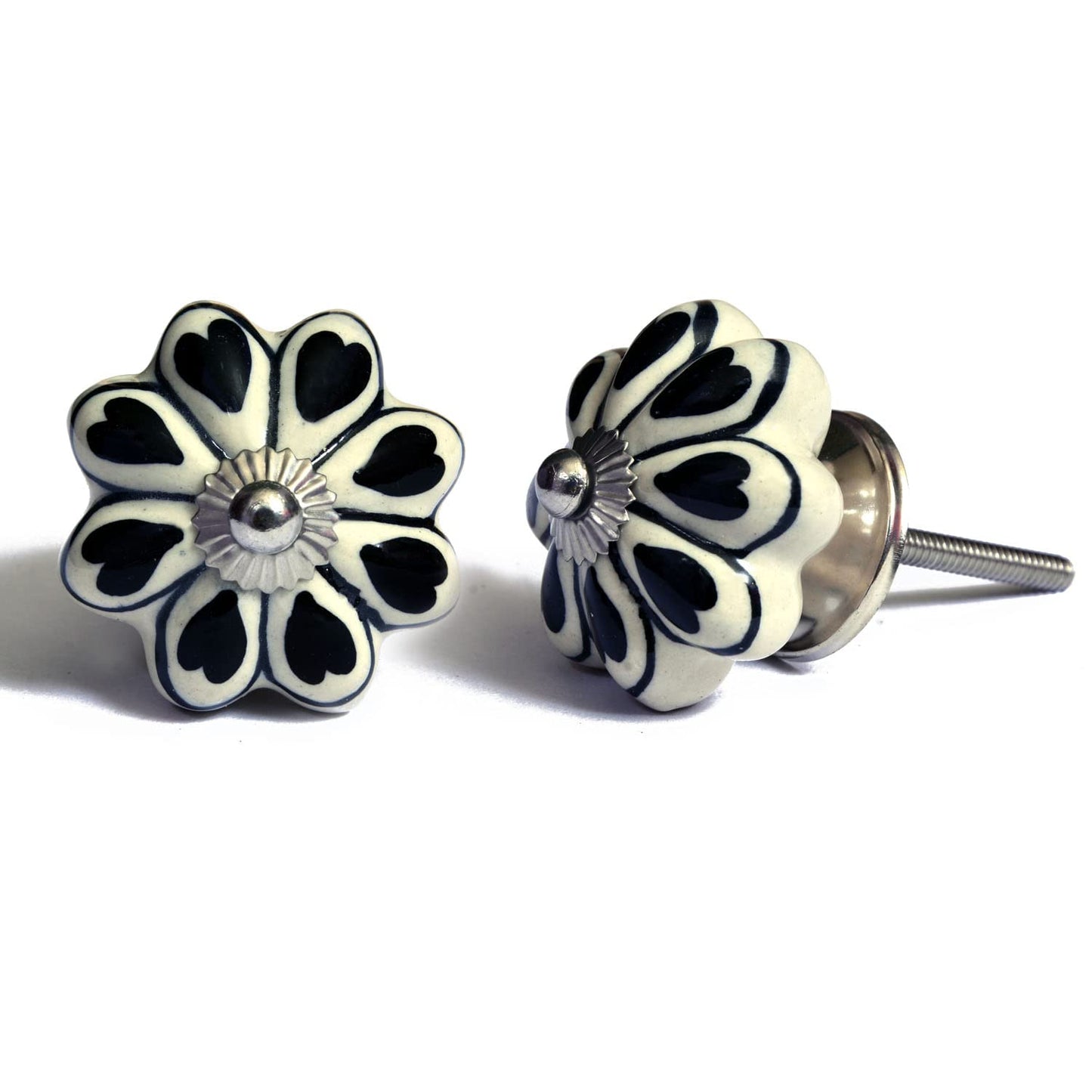 Set de 12 pomos tiradores de cerámica | Diseño flores en blanco y negro | Decoración muebles, armarios, cajones.-Nacnic-Nacnic Estudio SL