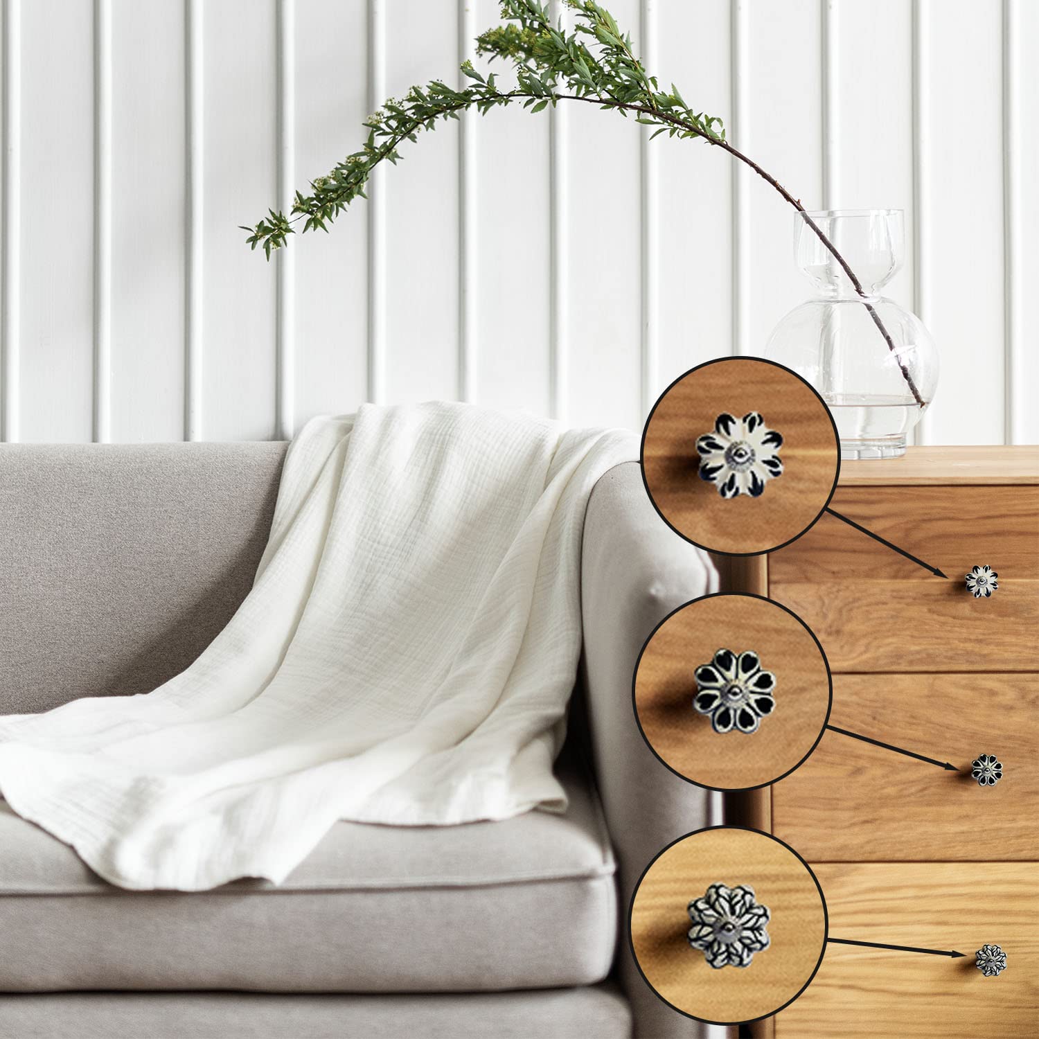 Set de 12 pomos tiradores de cerámica | Diseño flores en blanco y negro | Decoración muebles, armarios, cajones.-Nacnic-Nacnic Estudio SL