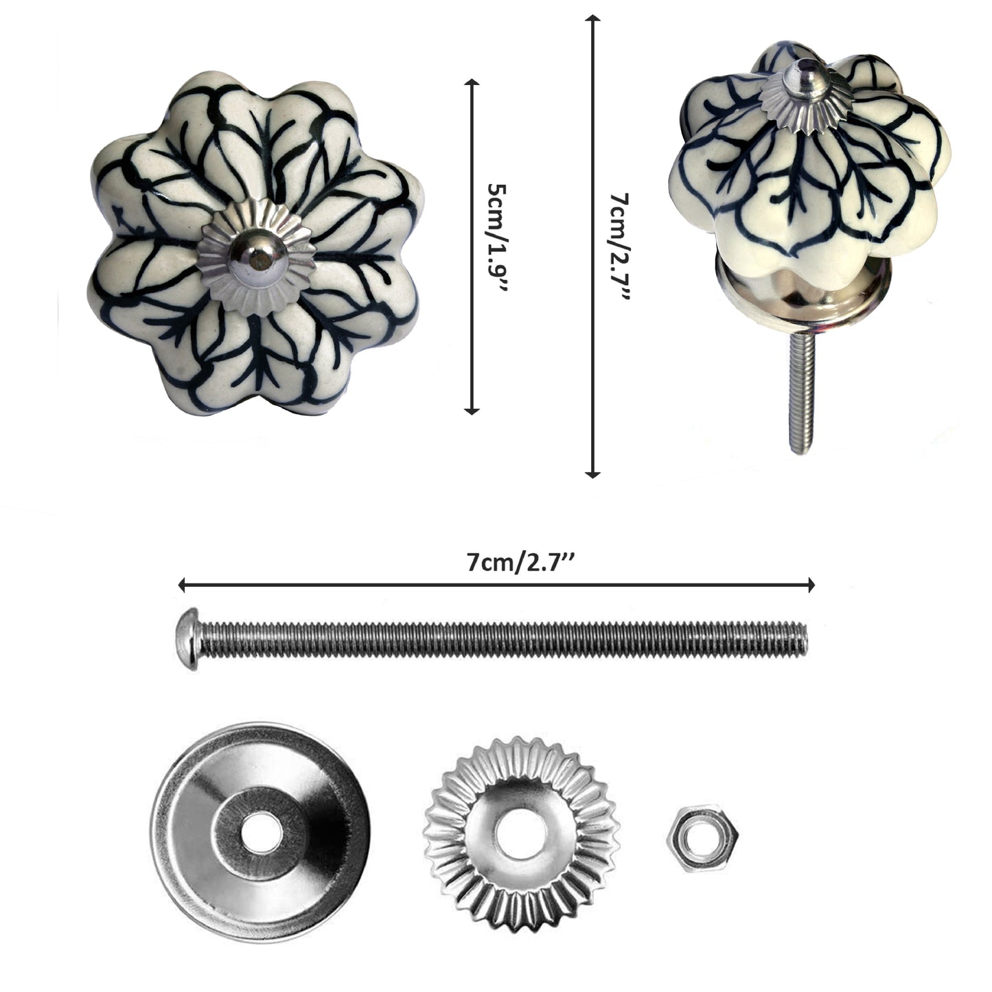 Set de 12 pomos de cerámica con diseño floral en blanco y negro