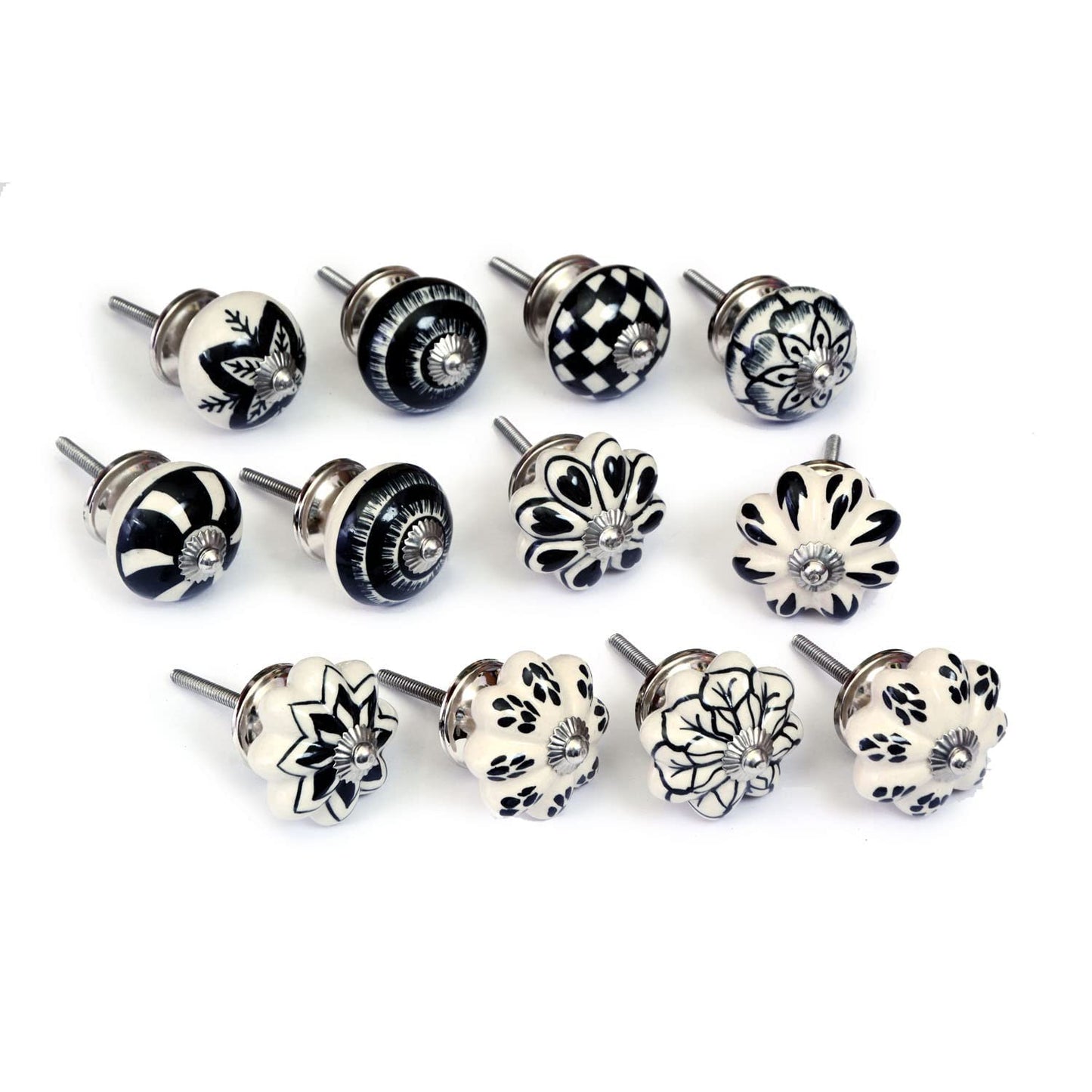 Set de 12 pomos tiradores de cerámica | Diseño flores en blanco y negro | Decoración muebles, armarios, cajones.-Nacnic-Nacnic Estudio SL