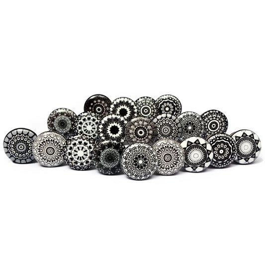 Set de 20 pomos tiradores de cerámica | Diseño flores y mandalas blanco y negro | Decoración elegante para muebles, armarios.-Nacnic-Nacnic Estudio SL