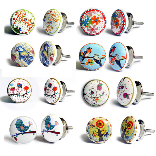 Set de 8 pomos tiradores de cerámica | Diseño pájaros y jardín | Decoración para muebles y habitaciones.-Nacnic-Nacnic Estudio SL