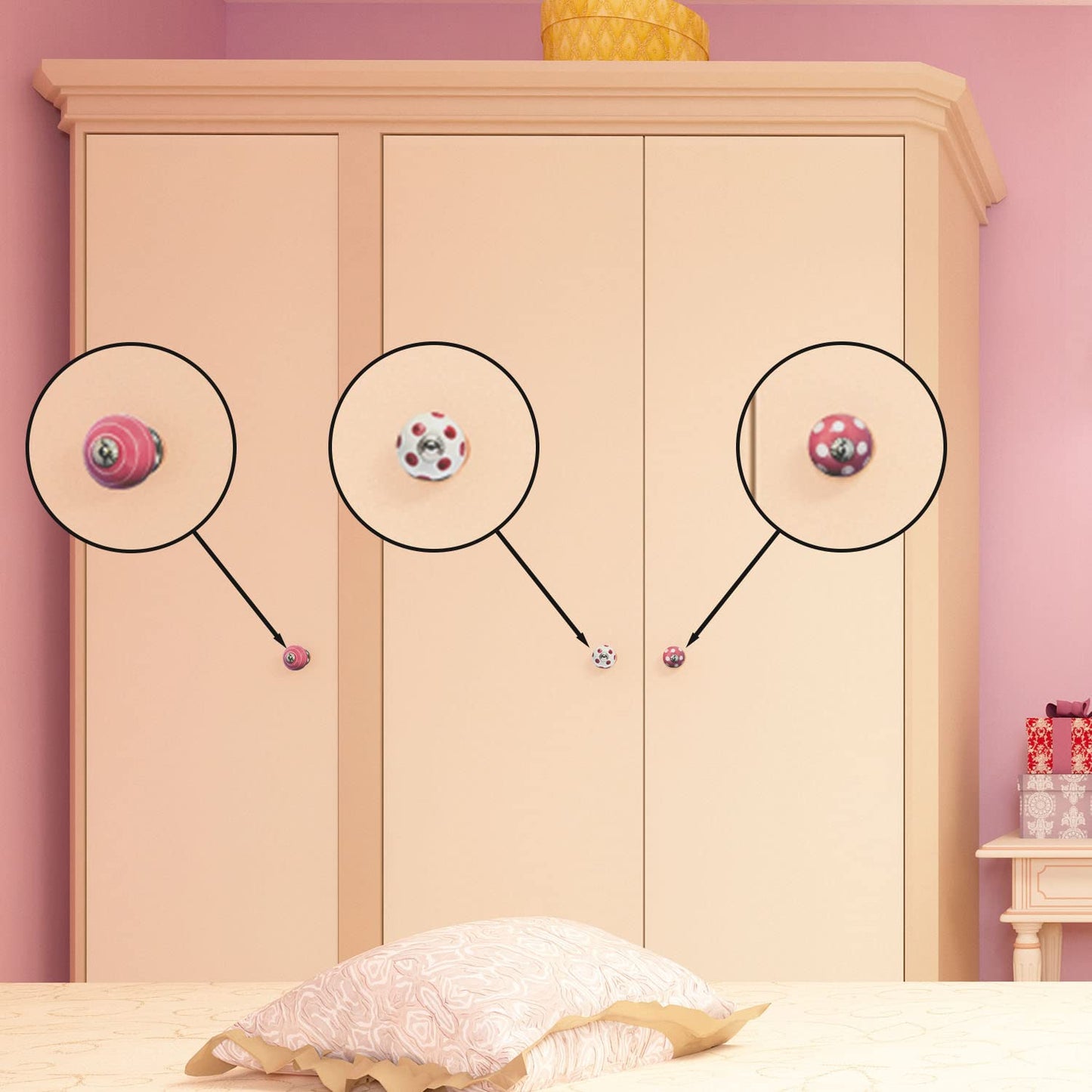 Set de 8 pomos tiradores de cerámica | En colores rosa y blanco | Decoración muebles, armarios, habitación infantil.-Nacnic-Nacnic Estudio SL