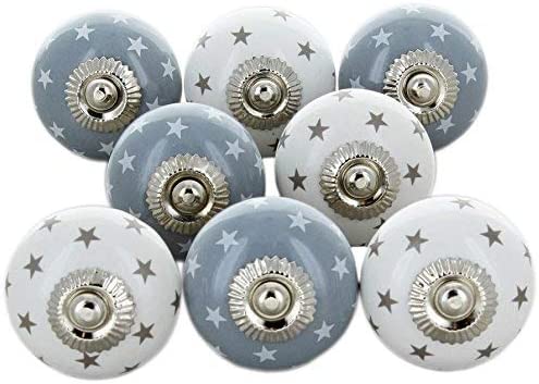 Set de 8 pomos tiradores de cerámica | Diseño estrellas gris y blanco | Decoración muebles, armarios, habitación infantil.-Nacnic-Nacnic Estudio SL
