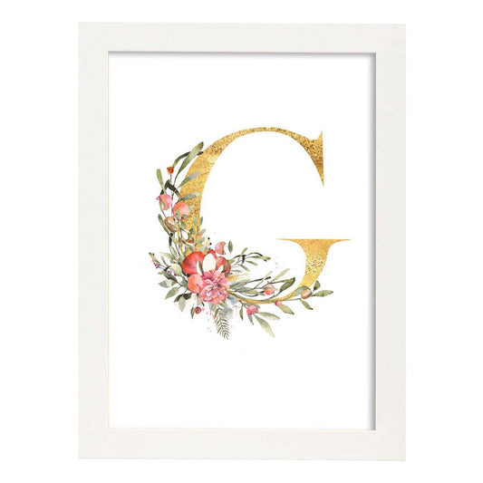 Poster de letra G. Lámina estilo Dorado Rosa con imágenes del alfabeto.-Artwork-Nacnic-A4-Marco Blanco-Nacnic Estudio SL