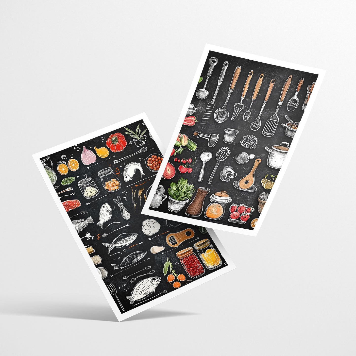 Set de 2 Cuadros Elementos de Cocina Ingredientes y Herramientas Poster Print ilustración para decorar las paredes de Cocina, Despensa, Comedor, Restaurante