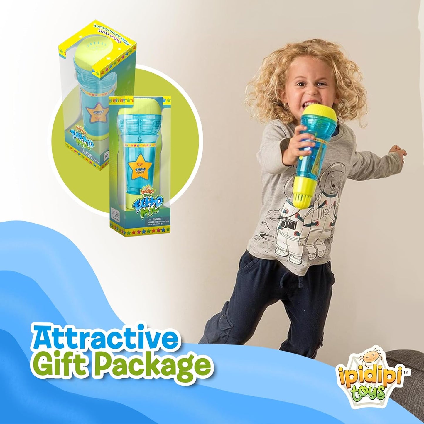 Micrófono Echo de IPIDIPI TOYS para niños: regalo de Navidad, micrófono mágico para niños pequeños con luz intermitente multicolor, juguetes de terapia del habla y micrófono de juguete de regalo retro para niños (azul/amarillo)