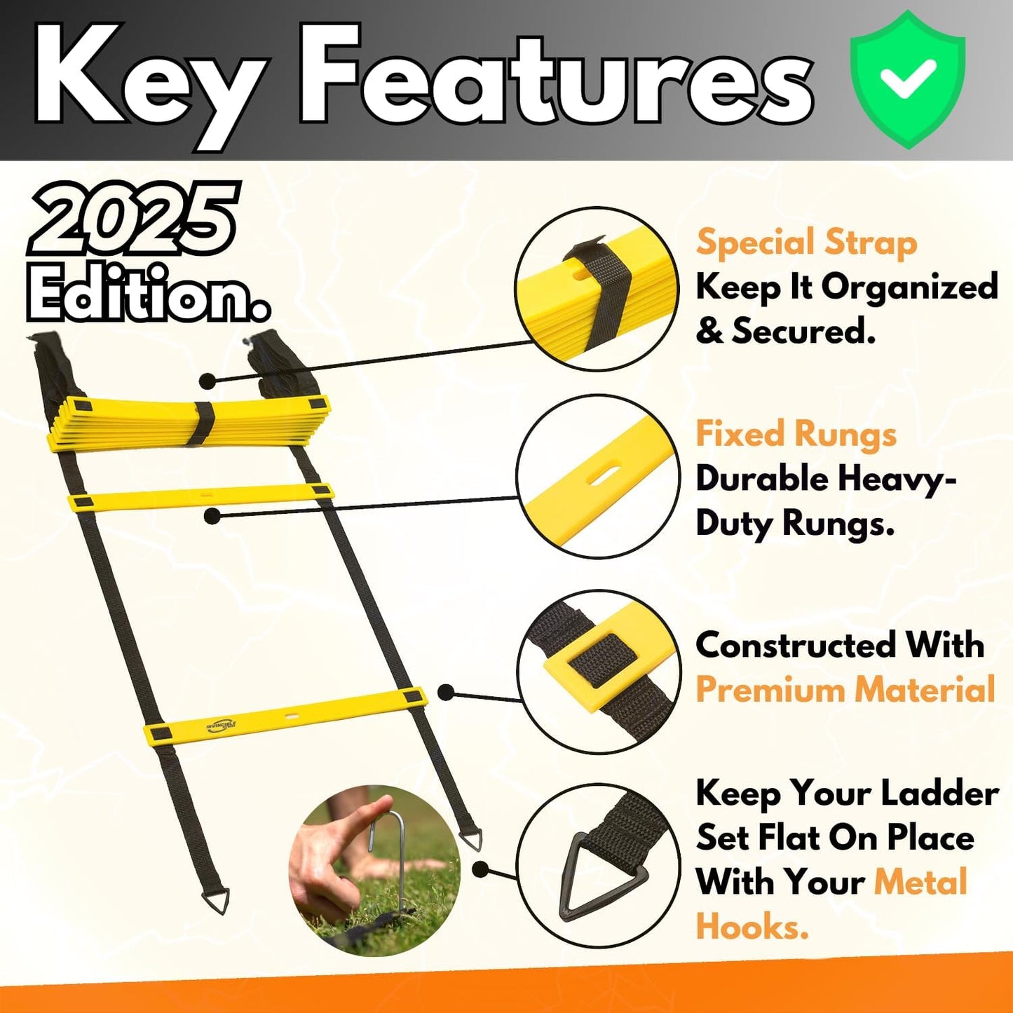 Escalera de agilidad Set, 11 peldaños, duradero Materiales, portátil bolsa de transporte, incluye 4 piquetas de metal + Bonus: 2,5 Lacrosse masaje pelota, Por Invencible Fitness