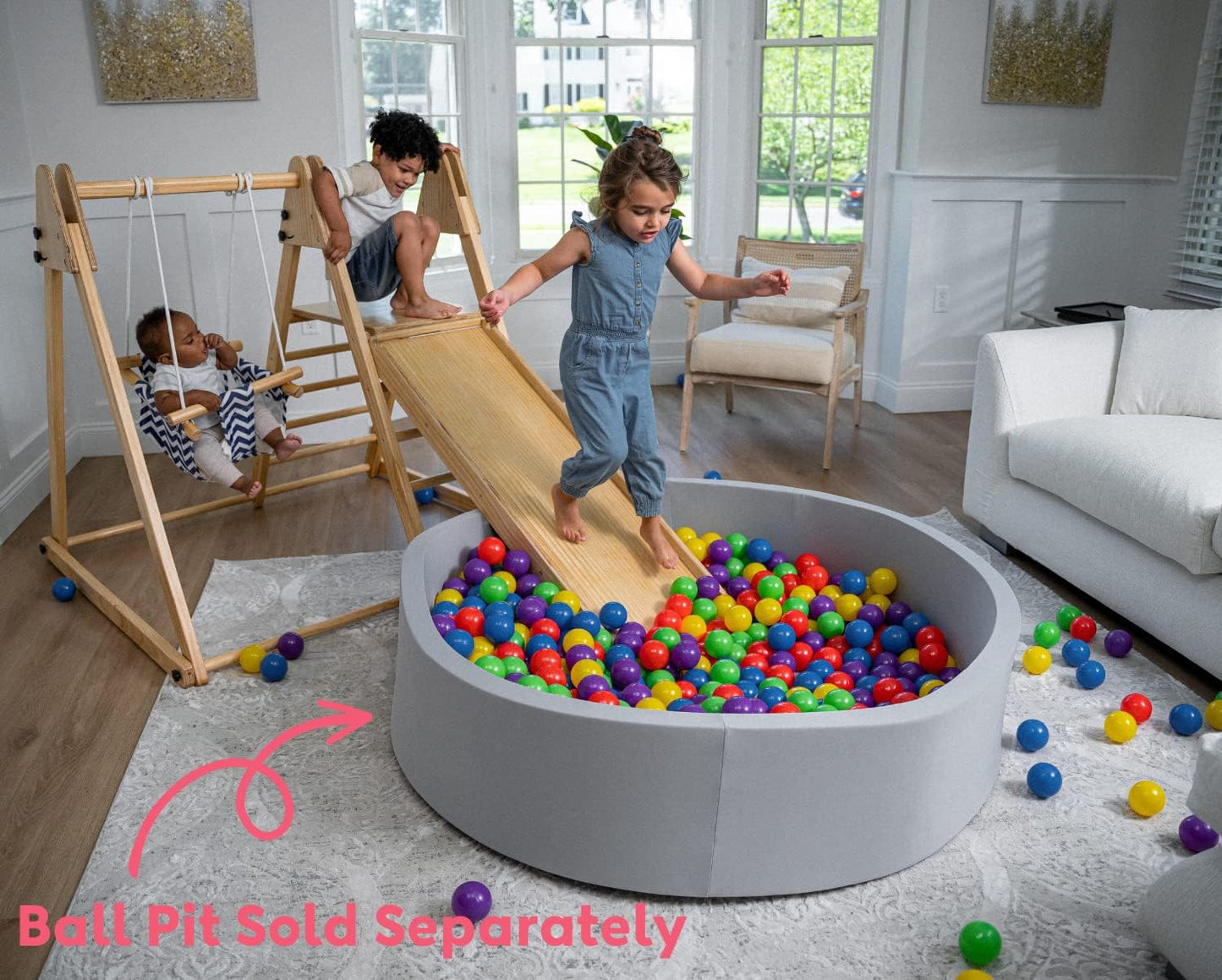 Gimnasio de juegos interior 4 en 1 Juniper de Avenlur: juego de gimnasio de jungla con columpio, tobogán, escalera y pared de escalada para bebés, juego de madera plegable, gimnasio de jungla interior para niños de 18 meses a 6 años