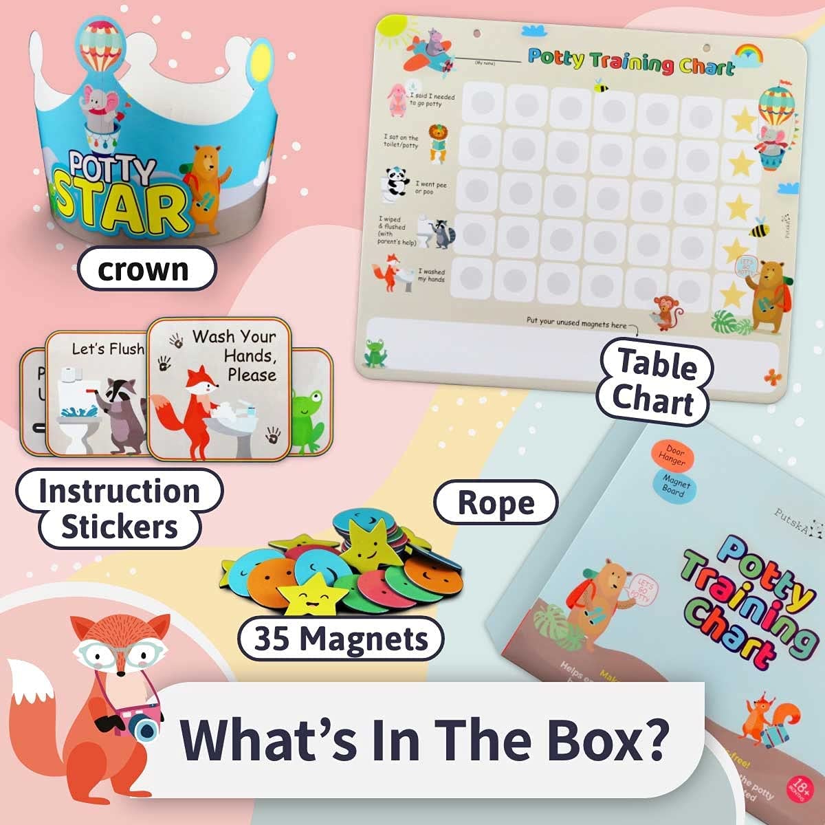 Tabla de entrenamiento para ir al baño de animales para niños pequeños, niños y niñas, pegatinas de entrenamiento para ir al baño para niñas, inodoro y niños. Una tabla de pegatinas para las recompensas del entrenamiento para ir al baño de los niños