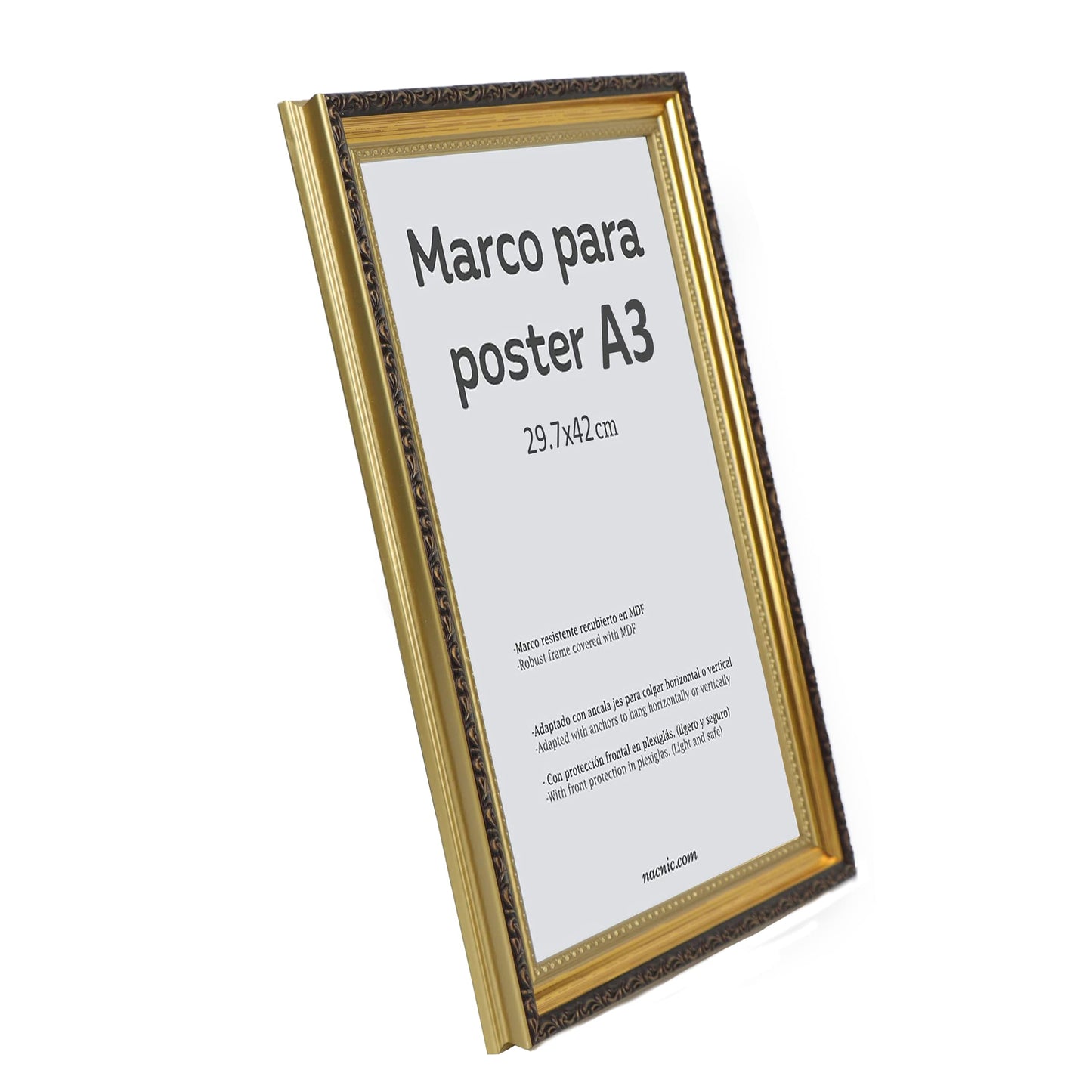 Nacnic - Marco de MDF dorado y cristal acrílico | Protección y soporte para fotos, lienzos, pósteres, cuadros y decoración para salón, dormitorio u oficina | A3 (29,7 x 42 cm)