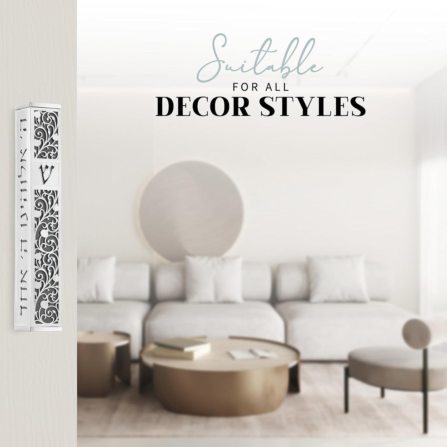 SURI Mezuzah para puerta con diseño de Jerusalén, estilo contemporáneo de mezuzá judío plateado y dorado de 5 pulgadas, incluye adhesivo Mezuzah para una fácil instalación, caja de regalo y pergamino no