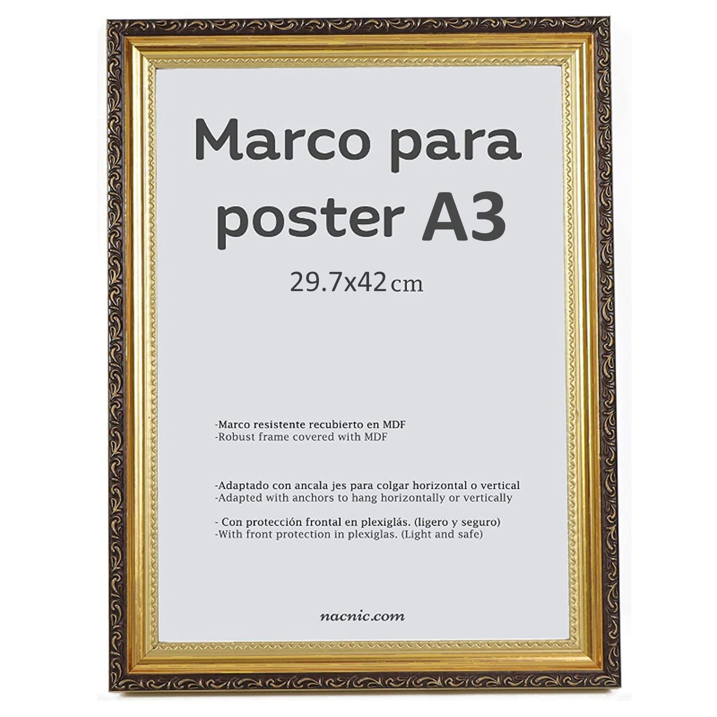 Nacnic - Marco de MDF dorado y cristal acrílico | Protección y soporte para fotos, lienzos, pósteres, cuadros y decoración para salón, dormitorio u oficina | A3 (29,7 x 42 cm)