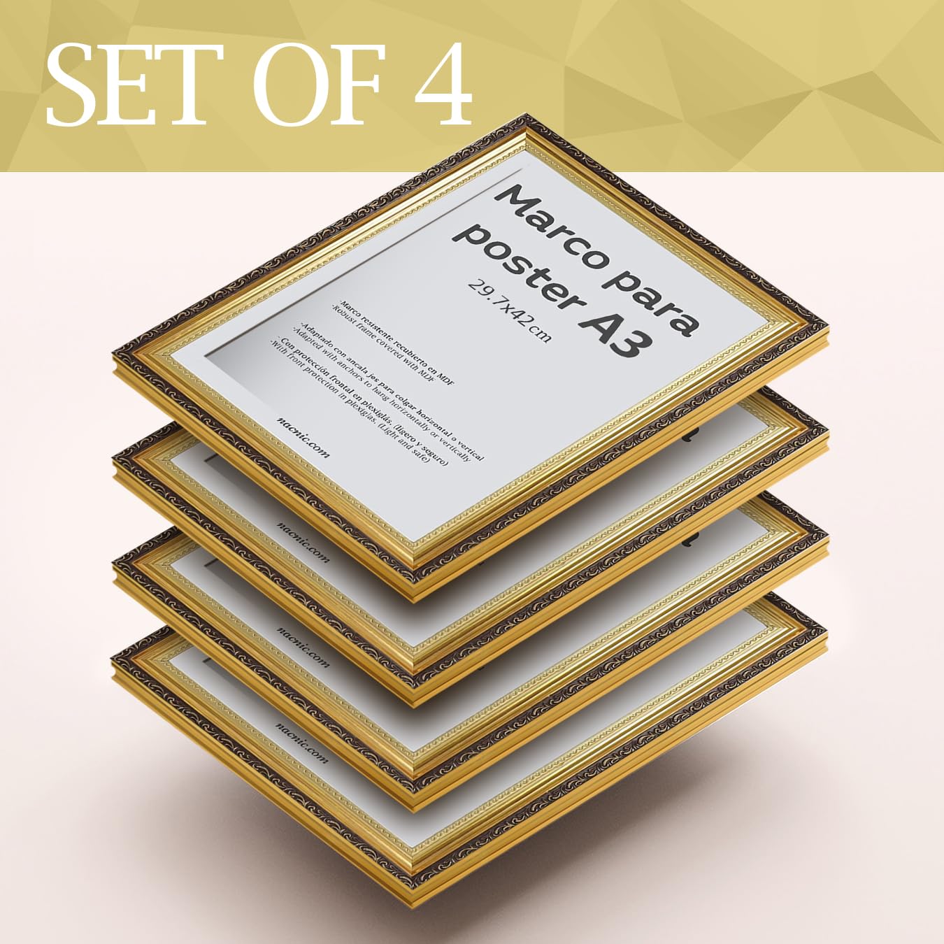 Nacnic - Packung mit 4 goldenen MDF-Rahmen und Acrylglas | Schutz und Präsentationsständer für Fotos, Plakate, Poster, Bilder und Dekorationen für Wohnzimmer, Schlafzimmer oder Büro | A3 (29,7 x 42cm)