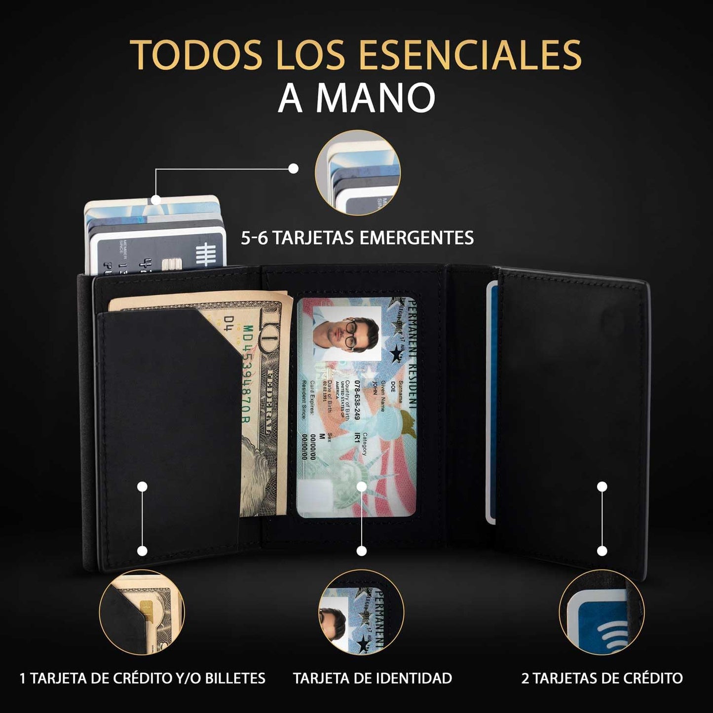 Cartera desplegable de piel auténtica para hombre. Portatarjetas de crédito con bloqueo RFID para hombre. Carteras Ridge para hombre con ventana de identificación. Delgada, minimalista,