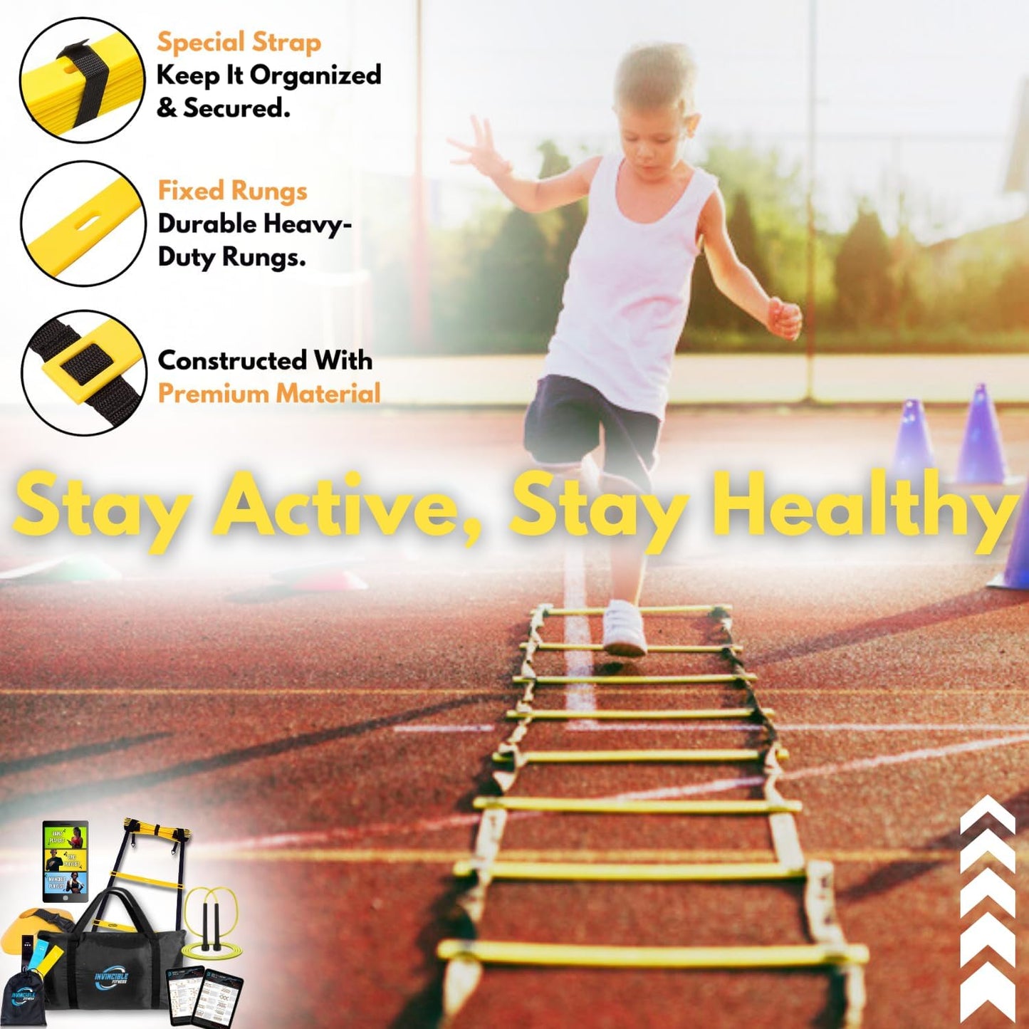 Escalera de agilidad Set, 11 peldaños, duradero Materiales, portátil bolsa de transporte, incluye 4 piquetas de metal + Bonus: 2,5 Lacrosse masaje pelota, Por Invencible Fitness