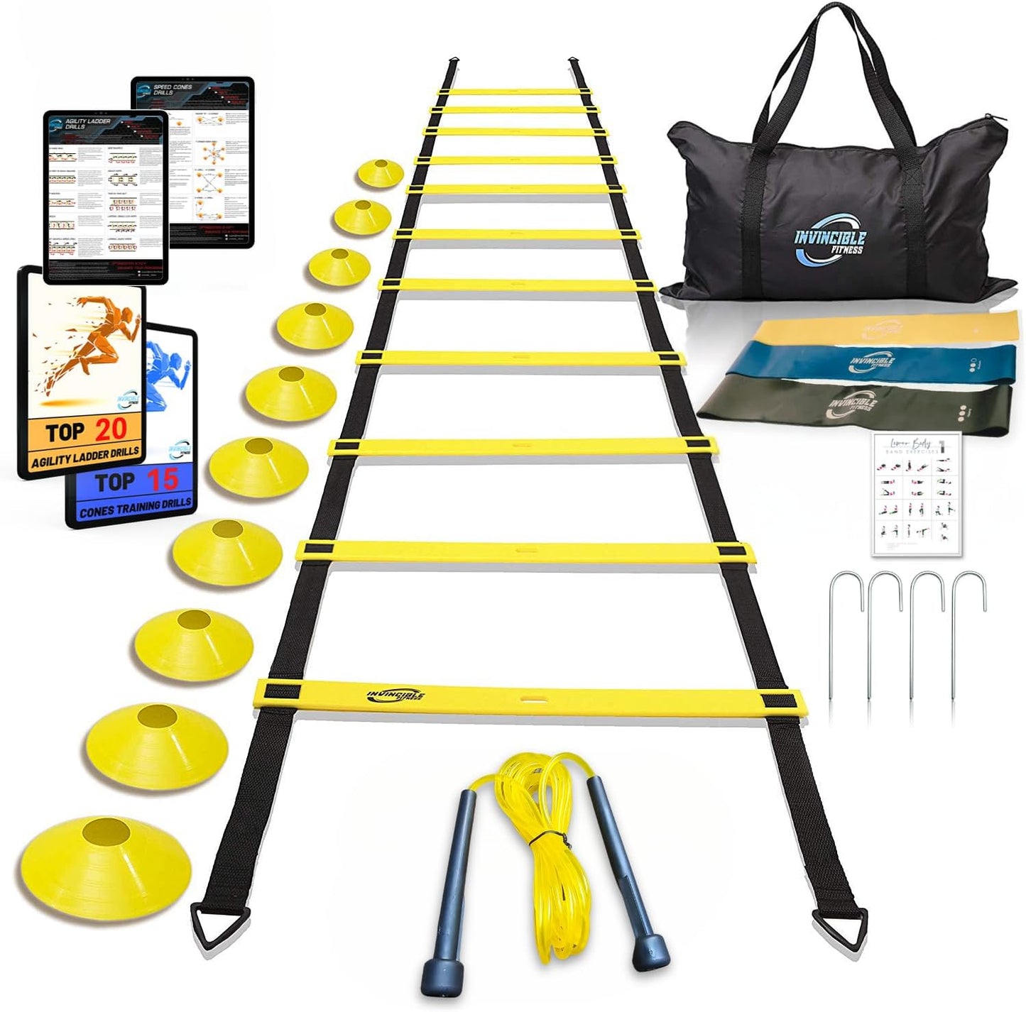 Escalera de agilidad Set, 11 peldaños, duradero Materiales, portátil bolsa de transporte, incluye 4 piquetas de metal + Bonus: 2,5 Lacrosse masaje pelota, Por Invencible Fitness