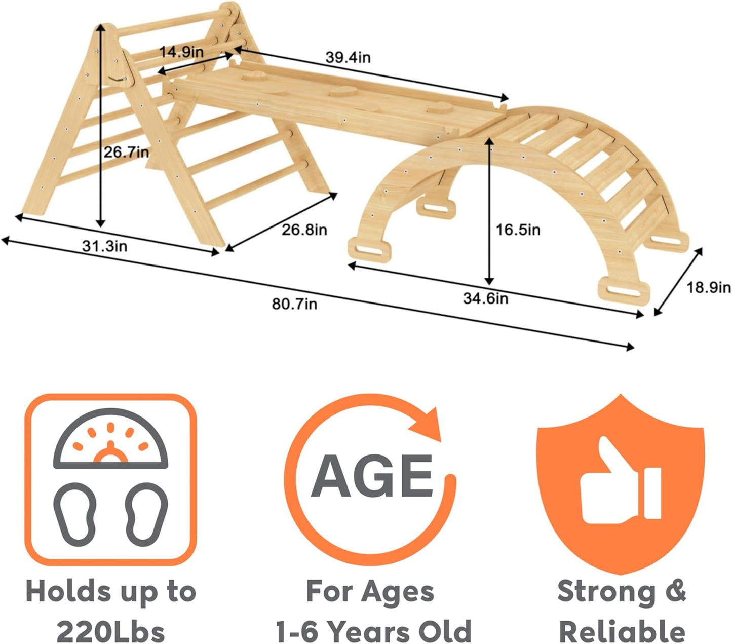 Gimnasio de escalada interior 5 en 1 Avenlur Hazel - Set de escalada Waldorf y Montessori con escalera triangular, rampa, arco trepador, balancín y tobogán - Juguetes Montessori para niños de 18 meses a 7 años (Natural)