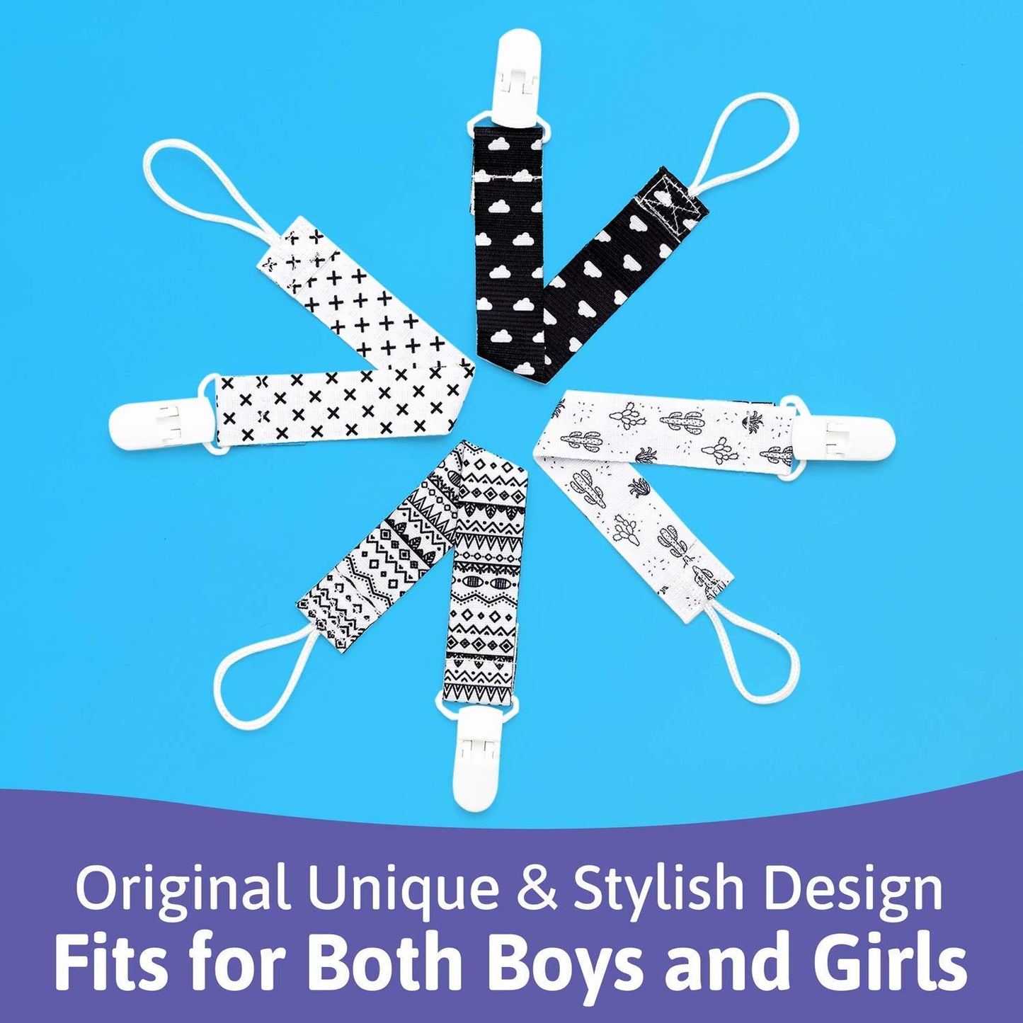 Clips para chupete – 4 unidades diseño único moderno de género neutro en blanco y negro. Clip para chupetes y chupetes. Hecho de poliéster de calidad y no tóxico, para baby shower.