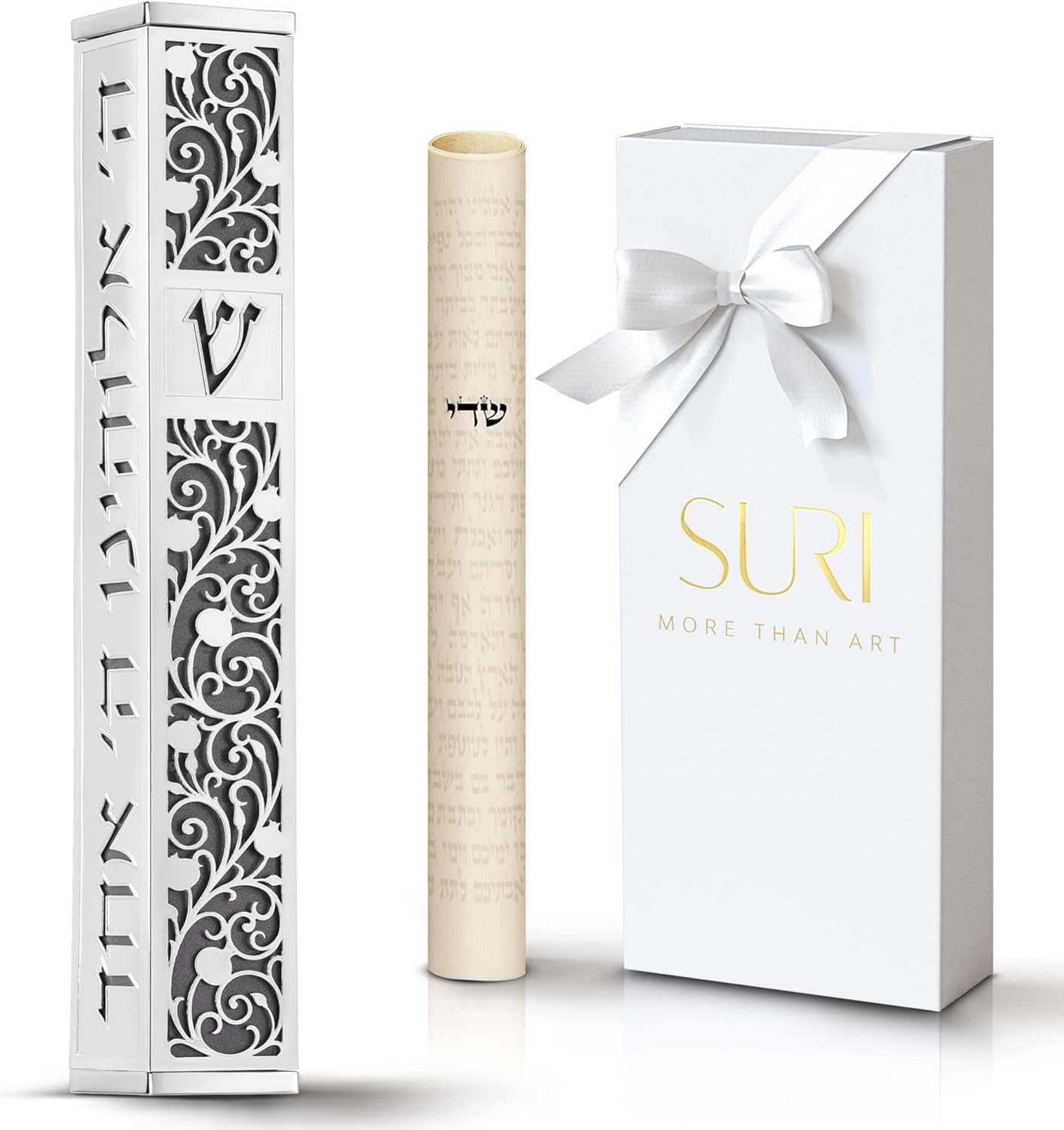 SURI Mezuzah para puerta con diseño de Jerusalén, estilo contemporáneo de mezuzá judío plateado y dorado de 5 pulgadas, incluye adhesivo Mezuzah para una fácil instalación, caja de regalo y pergamino no